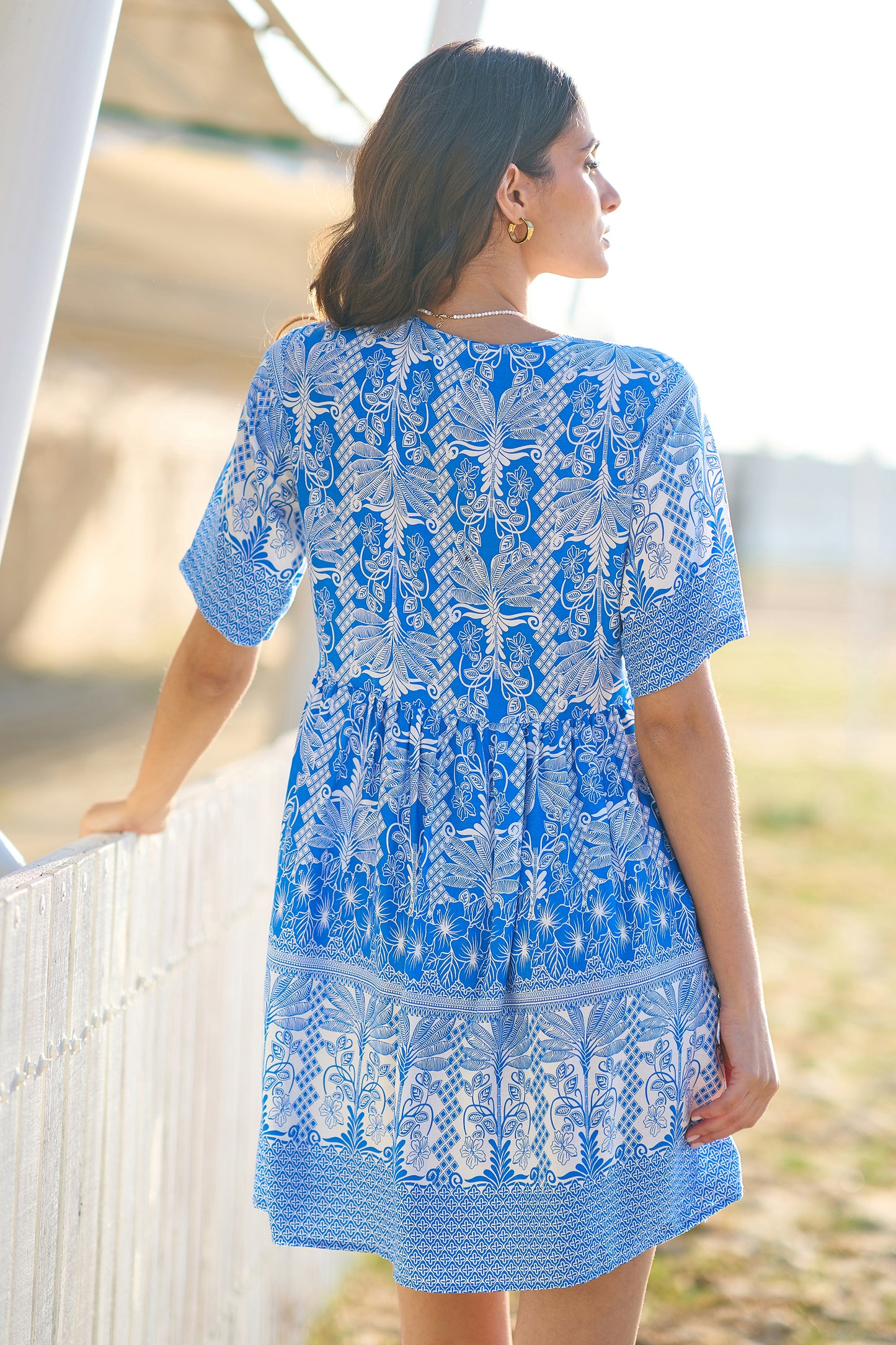 Yumi Blue Viscose Palm Relaxed Tunic Beachwear Yumi