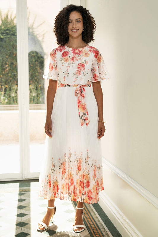 Yumi White Mirror Floral Design Pleated Midi Dress