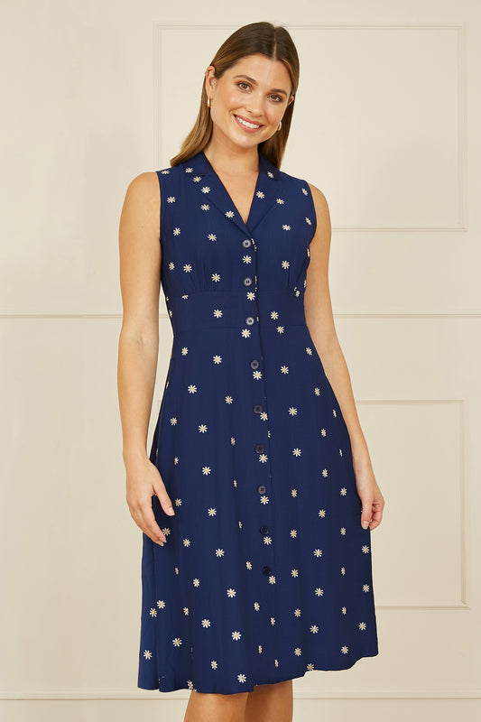 Yumi Navy Daisy Print Embroidered Sleeveless Shirt Dress DRES Day Yumi