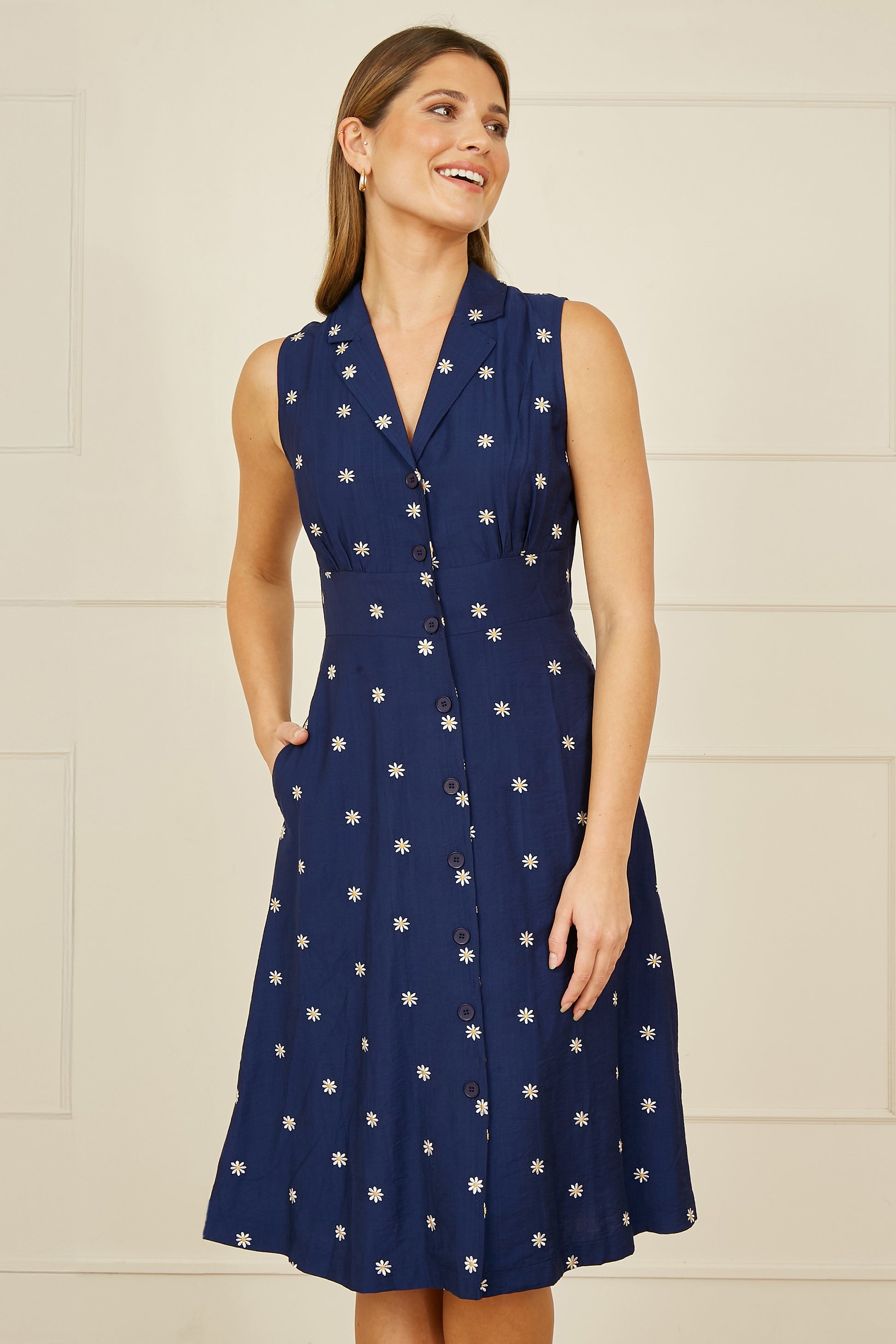 Yumi Navy Daisy Print Embroidered Sleeveless Shirt Dress DRES Day Yumi