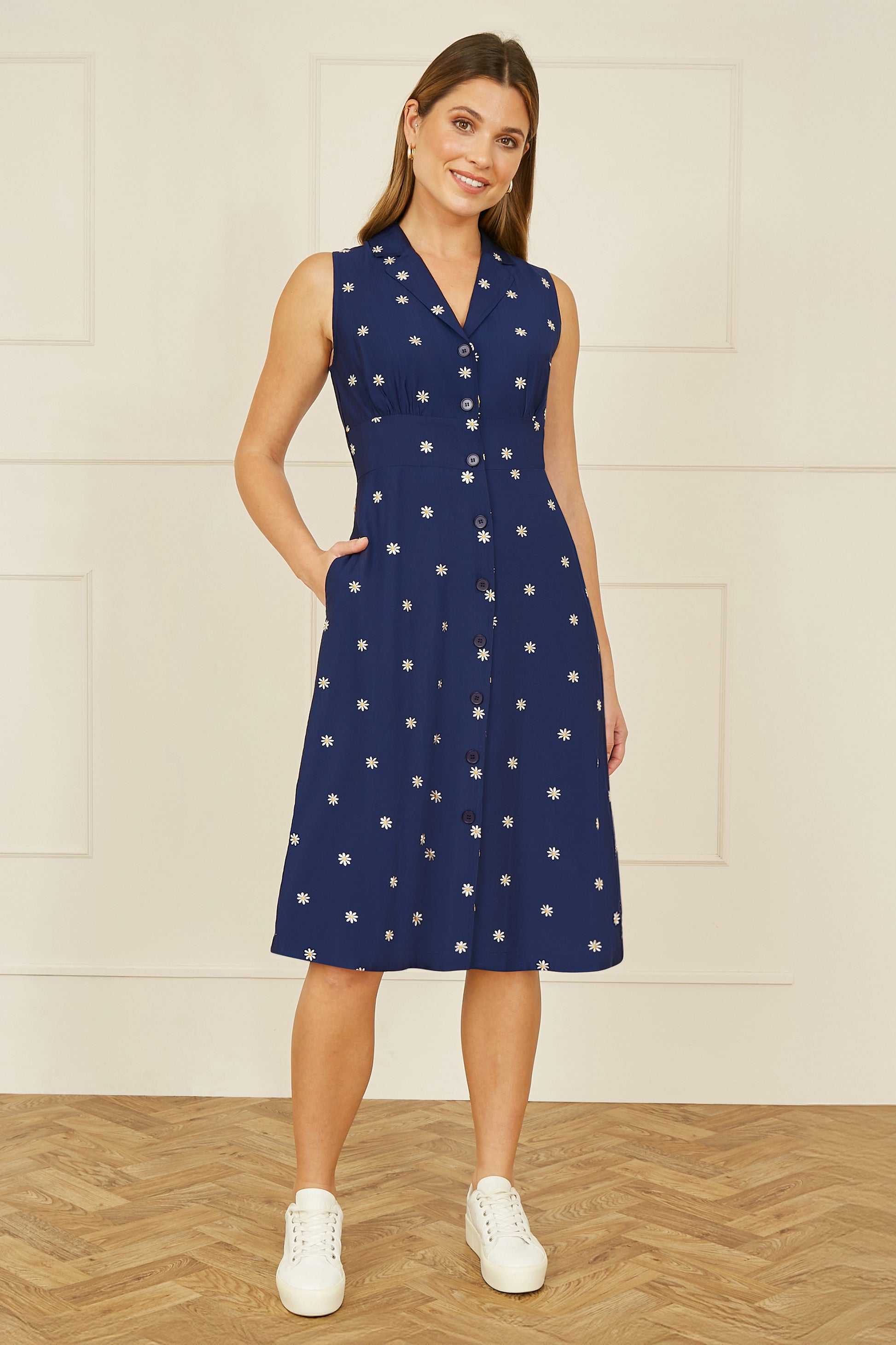 Yumi Navy Daisy Print Embroidered Sleeveless Shirt Dress DRES Day Yumi