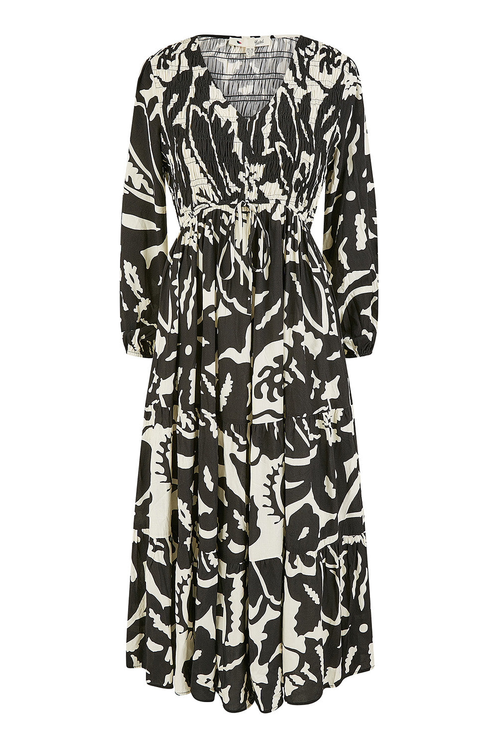 Yumi Black Abstract Print Ruched Midi Dress With Long Sleeves DRES Day Yumi