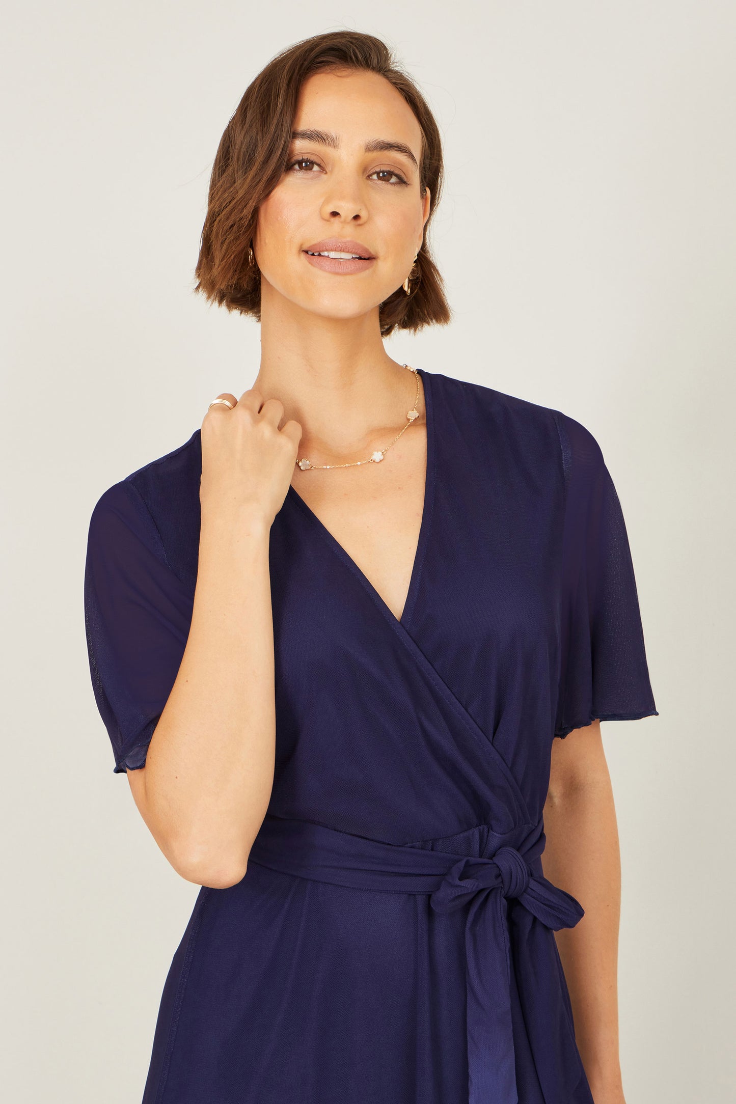 Yumi Navy Mesh Wrap Midi Dress With Floral Hem Border Occasionwear Yumi