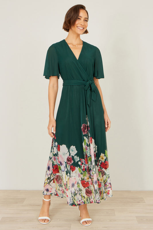Yumi Green Mesh Wrap Midi Dress With Floral Hem Border Dress Occasion Yumi