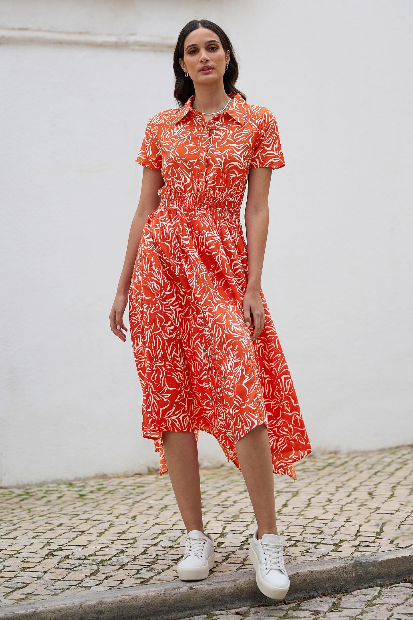 Yumi Coral Tropical Leaf print Midi Ruched Shirt Dress DRES Day Yumi