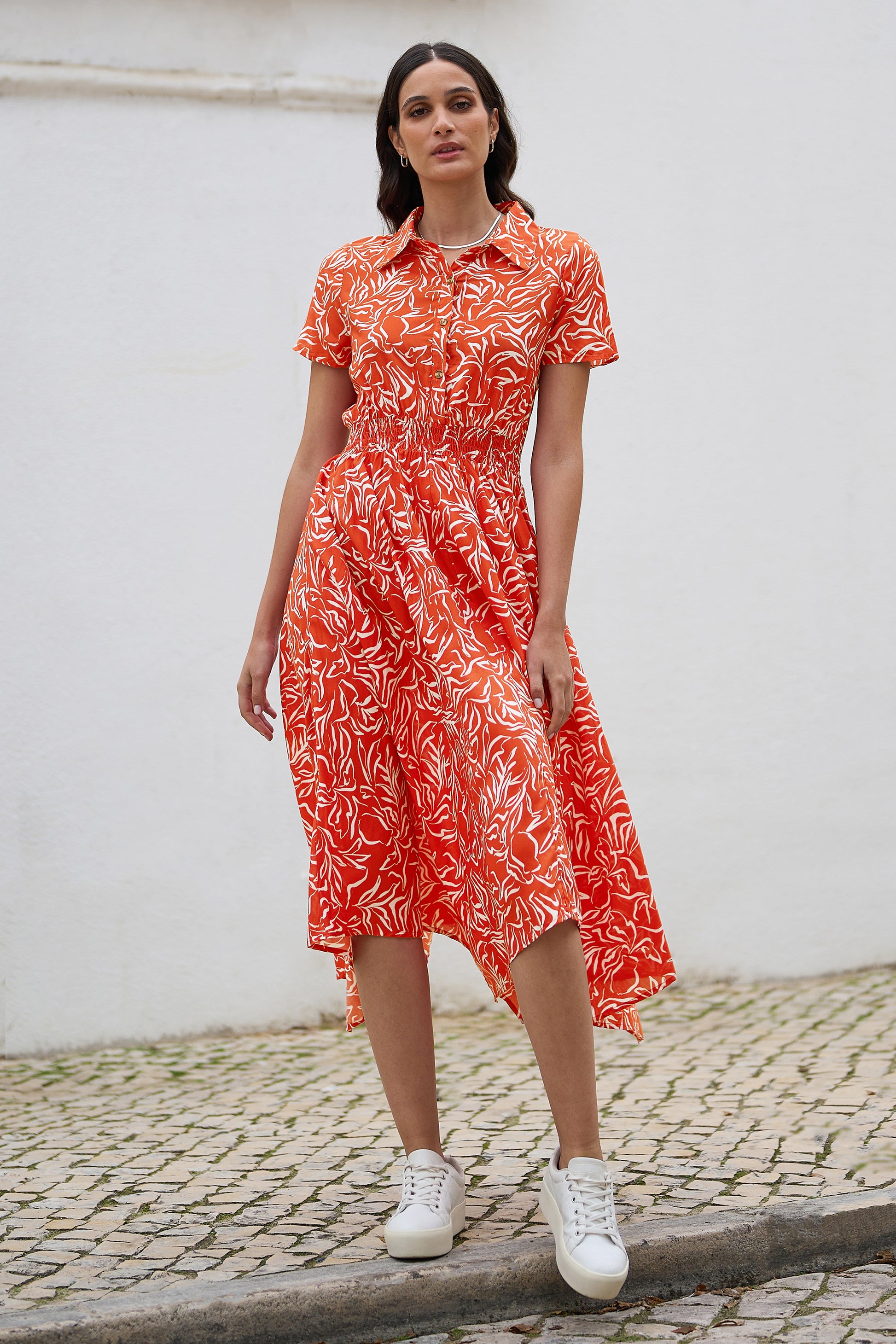 Yumi Coral Tropical Leaf print Midi Ruched Shirt Dress DRES Day Yumi