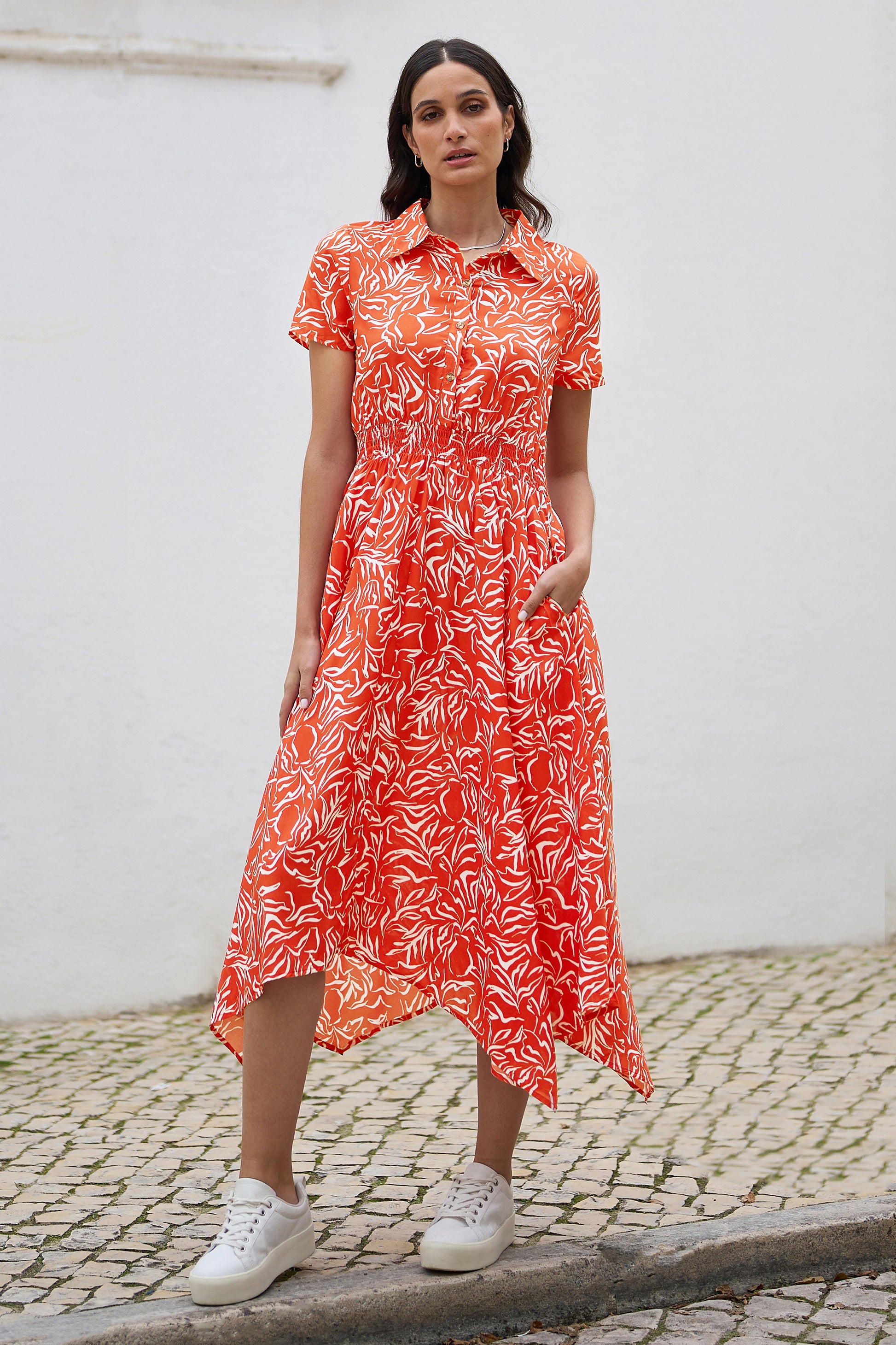 Yumi Coral Tropical Leaf print Midi Ruched Shirt Dress DRES Day Yumi