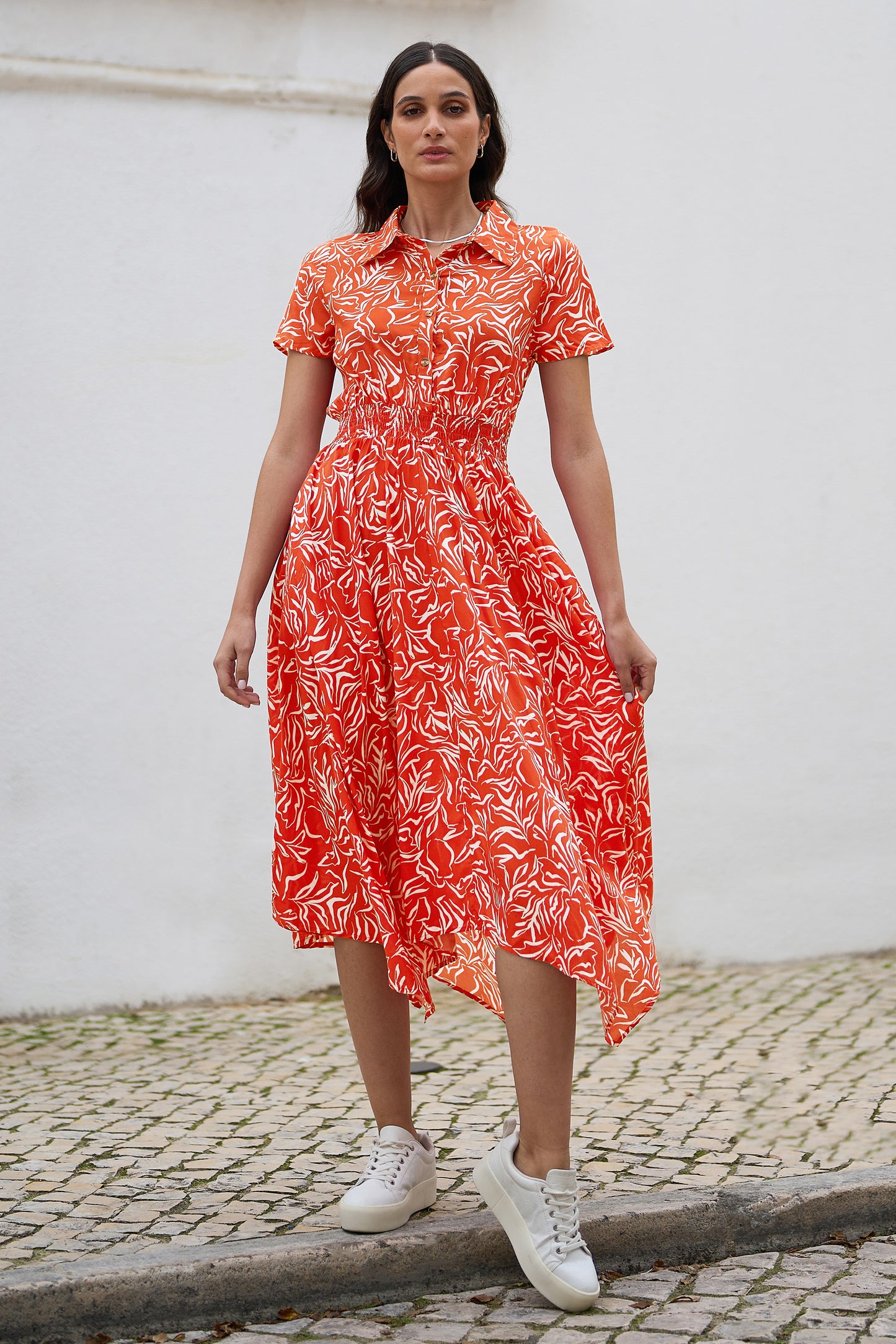Yumi Coral Tropical Leaf print Midi Ruched Shirt Dress DRES Day Yumi