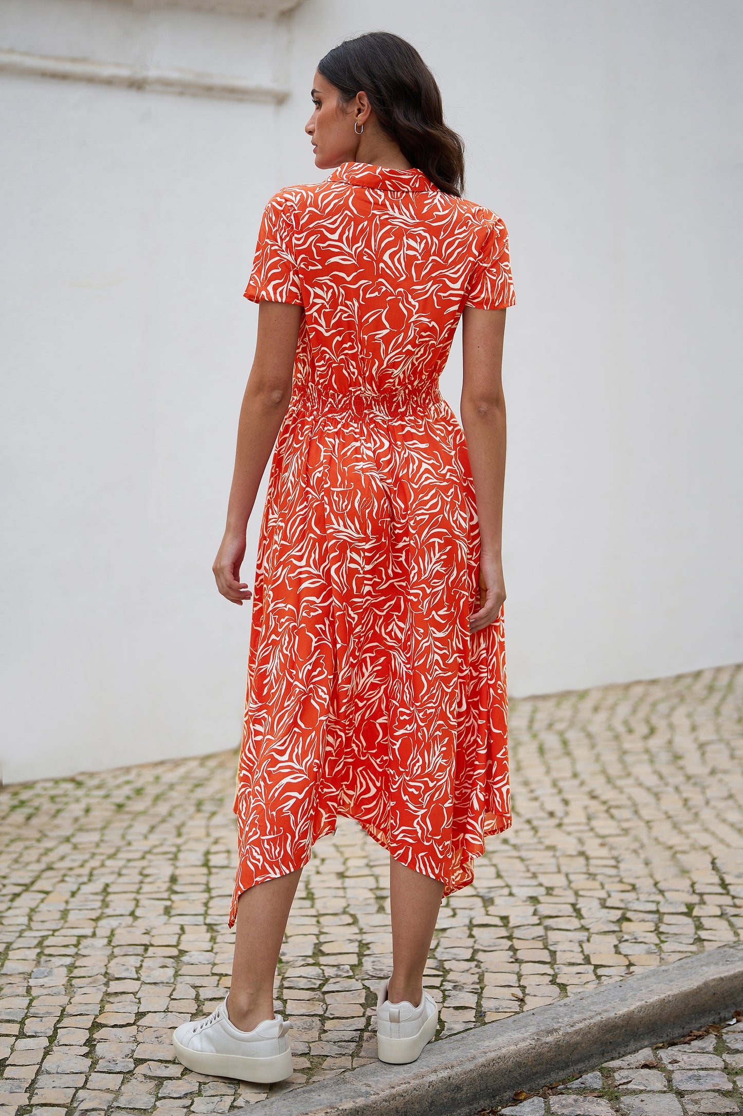 Yumi Coral Tropical Leaf print Midi Ruched Shirt Dress DRES Day Yumi