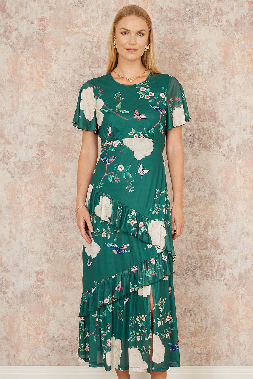 Yumi Green Mesh Bird And Floral Print Midi Dress With Ruffles Occasionwear Yumi