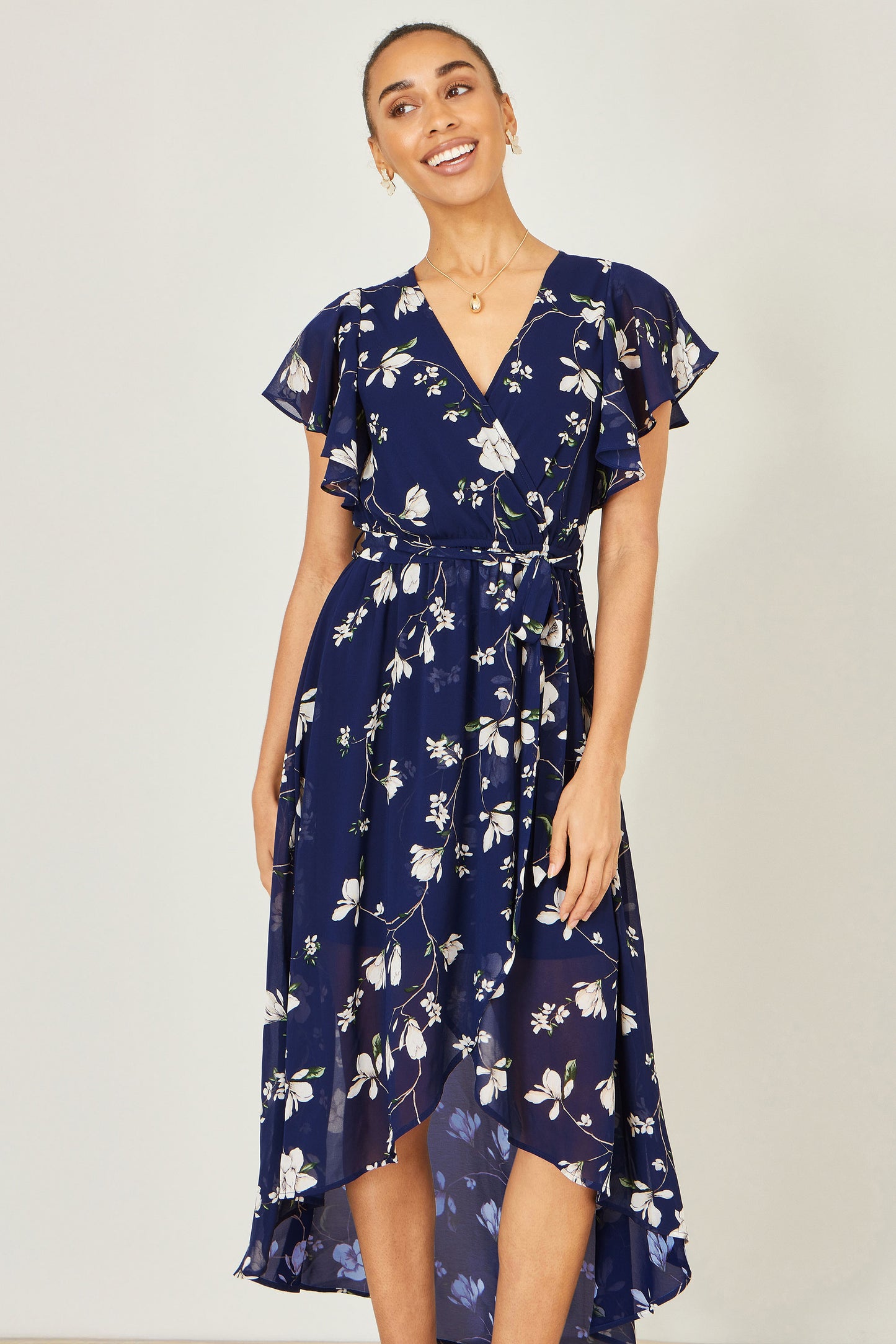 Yumi Navy Floral Wrap Midi Dress With Frill Hem Dress Occasion Yumi