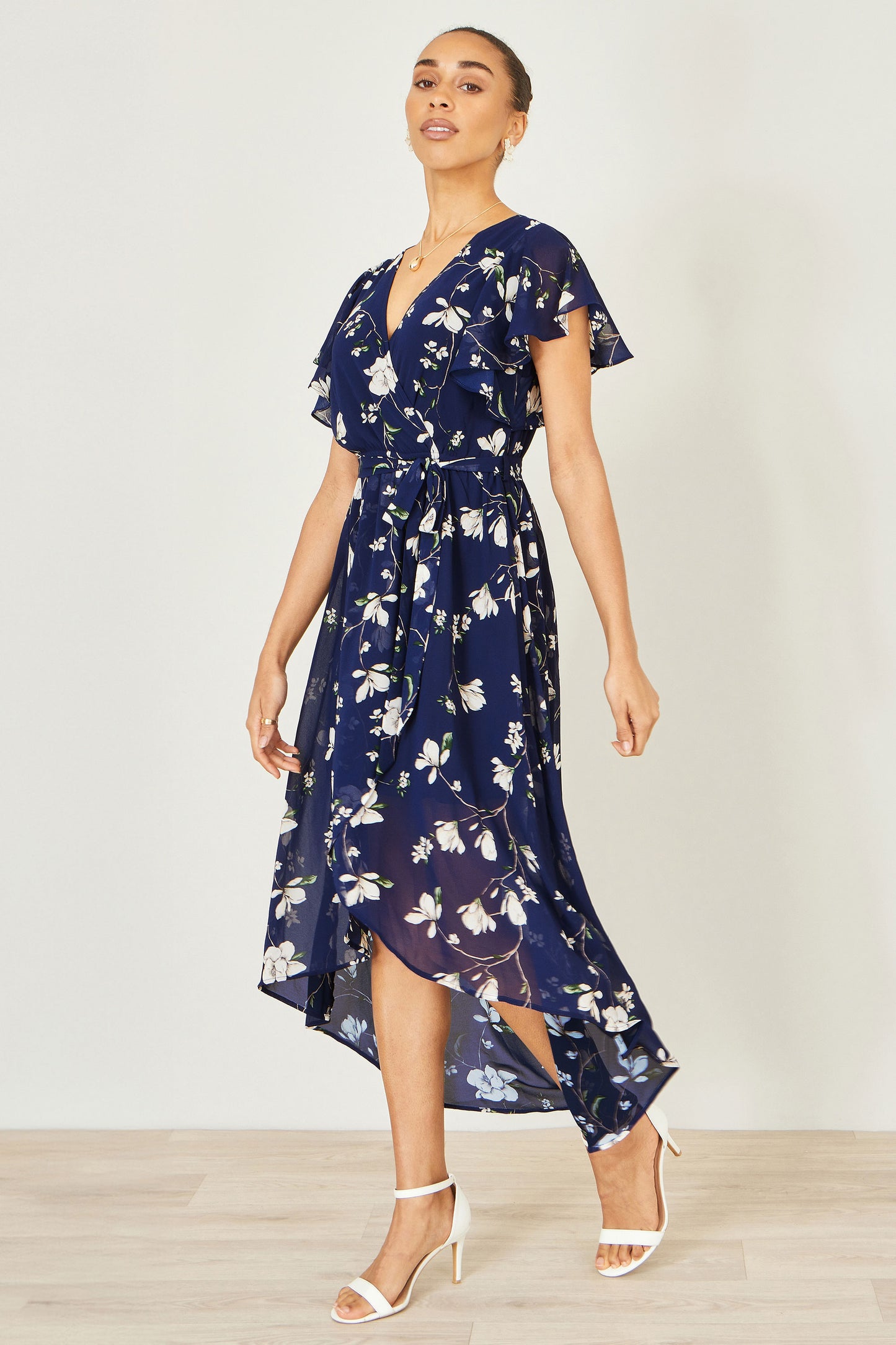 Yumi Navy Floral Wrap Midi Dress With Frill Hem Dress Occasion Yumi