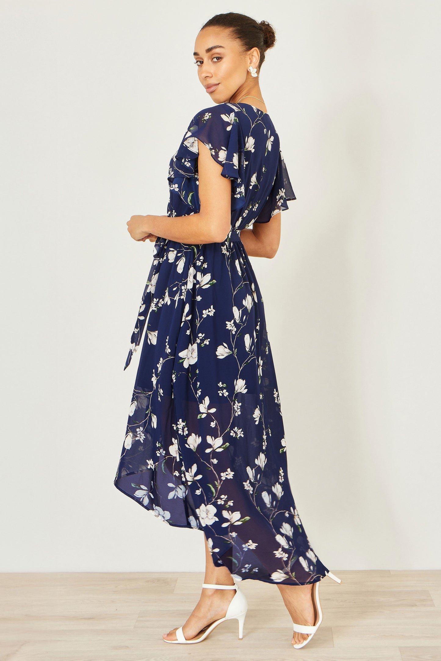 Yumi Navy Floral Wrap Midi Dress With Frill Hem Dress Occasion Yumi