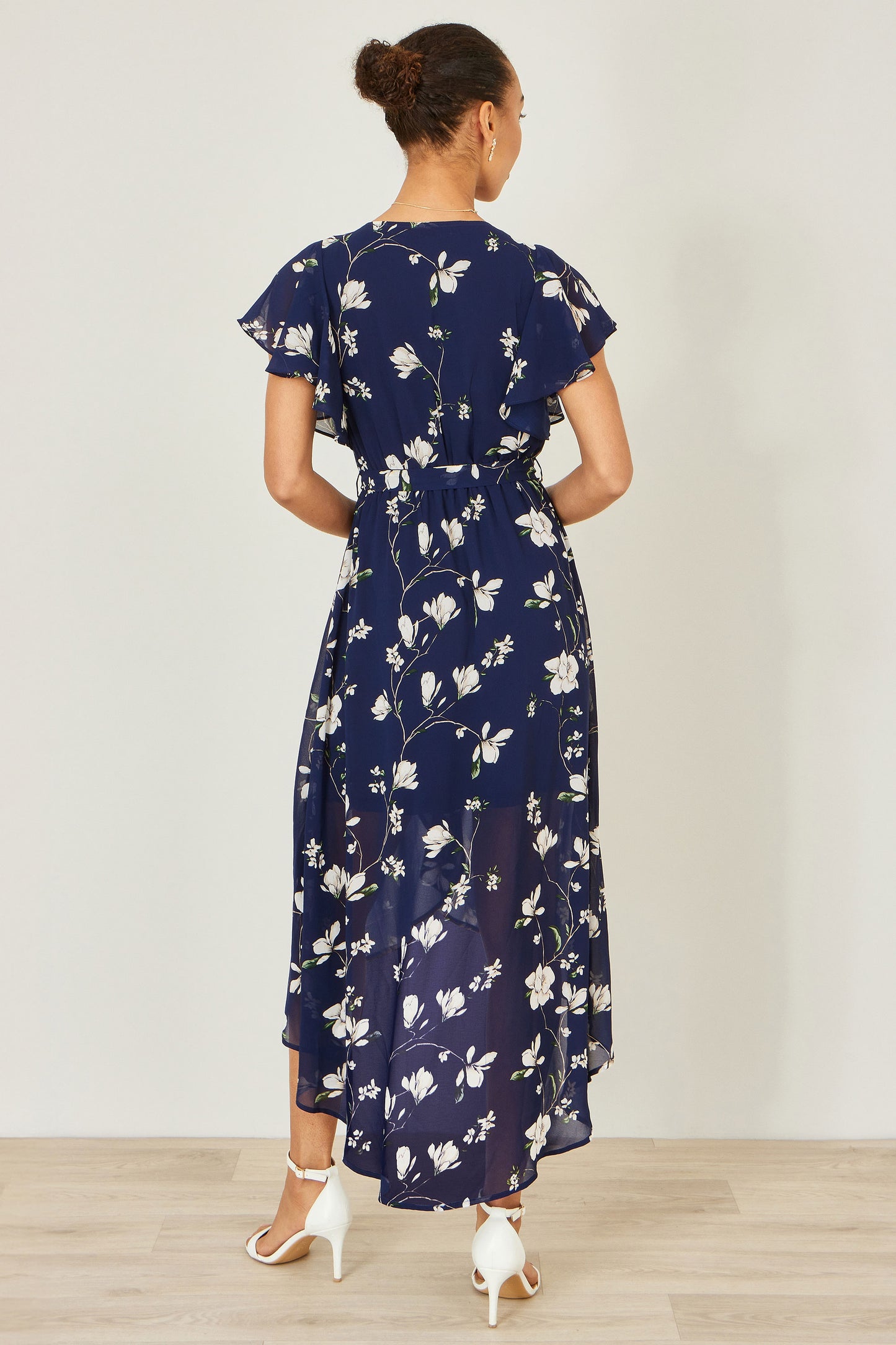 Yumi Navy Floral Wrap Midi Dress With Frill Hem Dress Occasion Yumi
