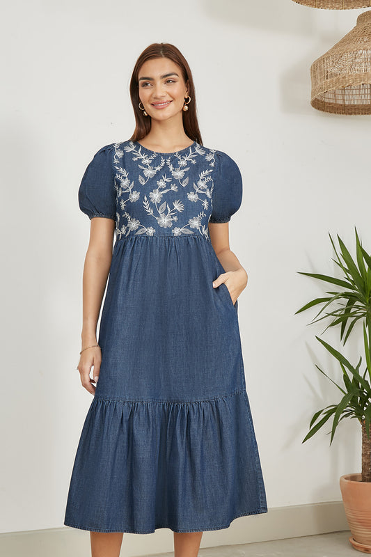 Yumi Blue Chambray Denim Midi Dress With Embroidery And Puff Sleeves DRES Day Yumi