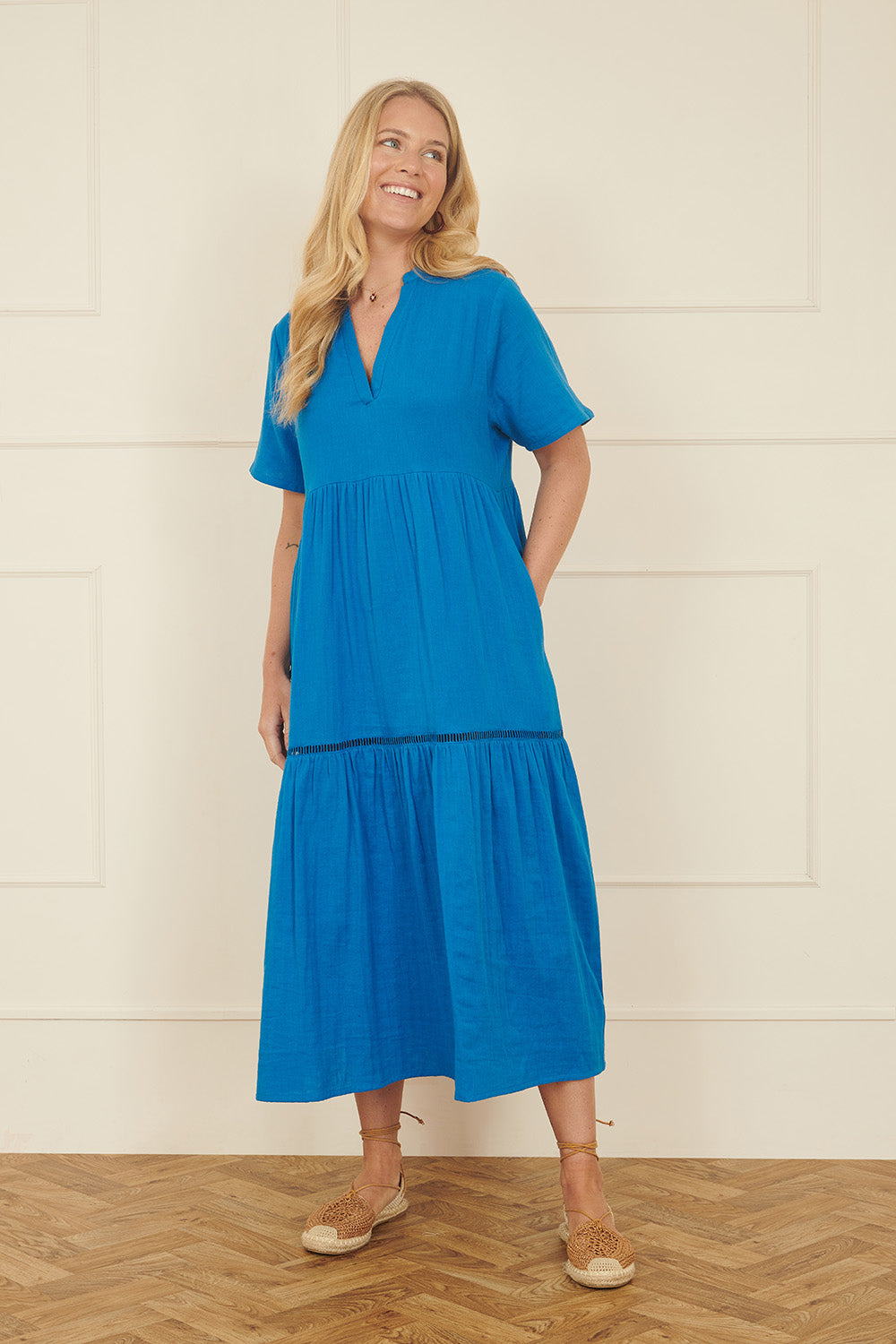 Yumi Blue Double Cotton Long Kaftan DRES Midi Yumi