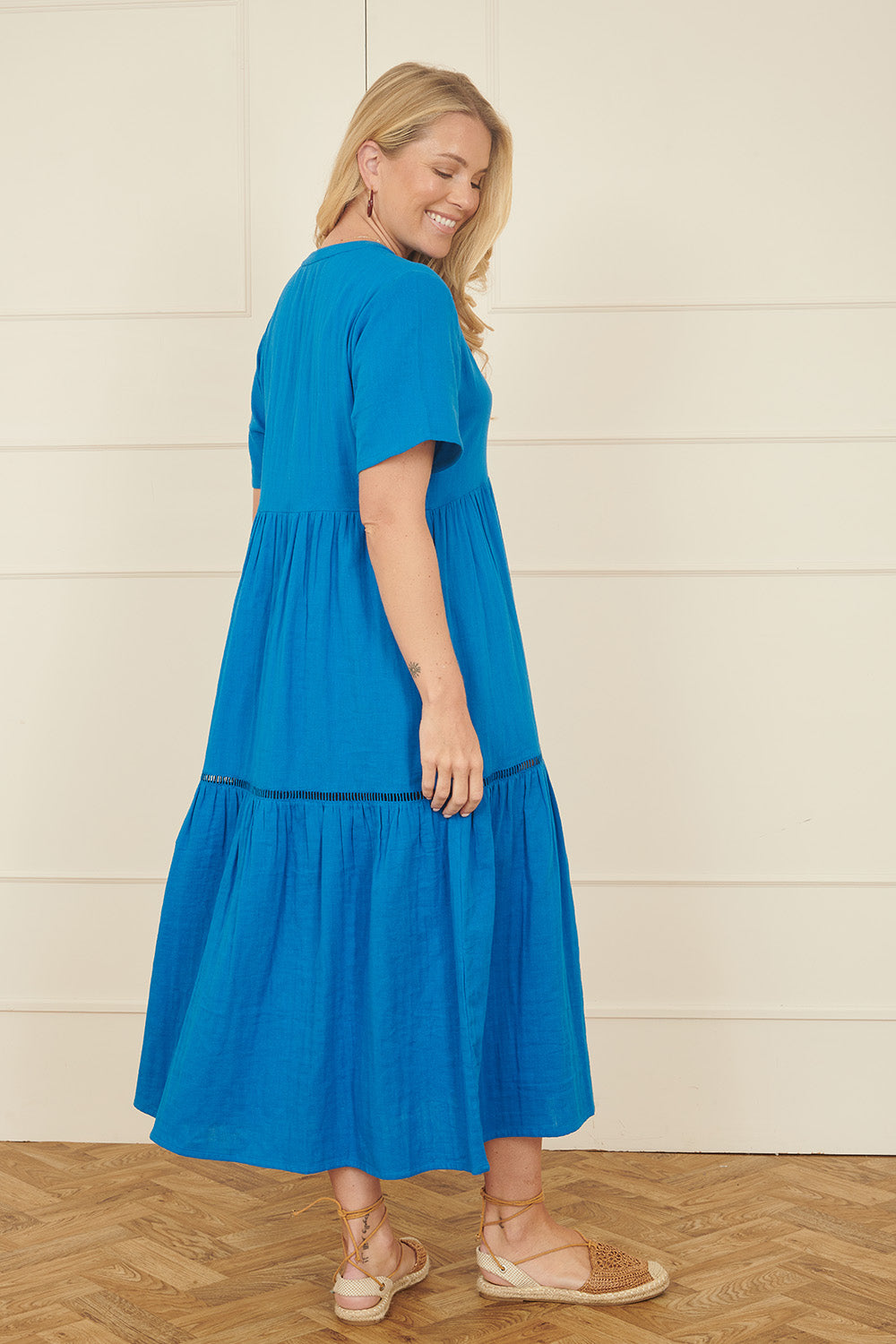 Yumi Blue Double Cotton Long Kaftan DRES Midi Yumi