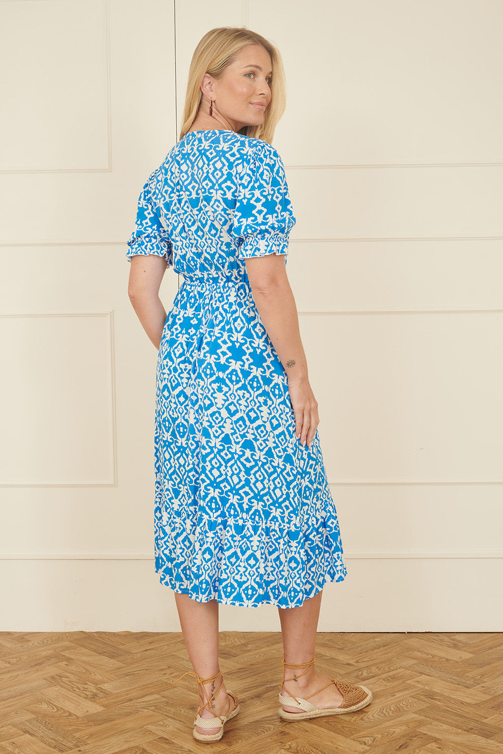 Yumi Blue Geo Print Puff Sleeve Midi Split Hemline DRES Day Yumi