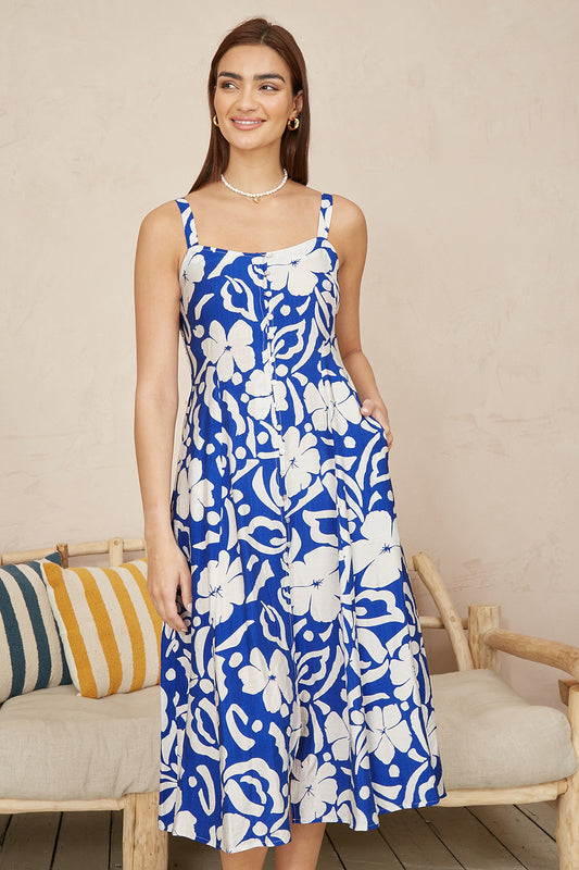 Yumi Blue Floral Button Through Midi Dress Beachwear Yumi