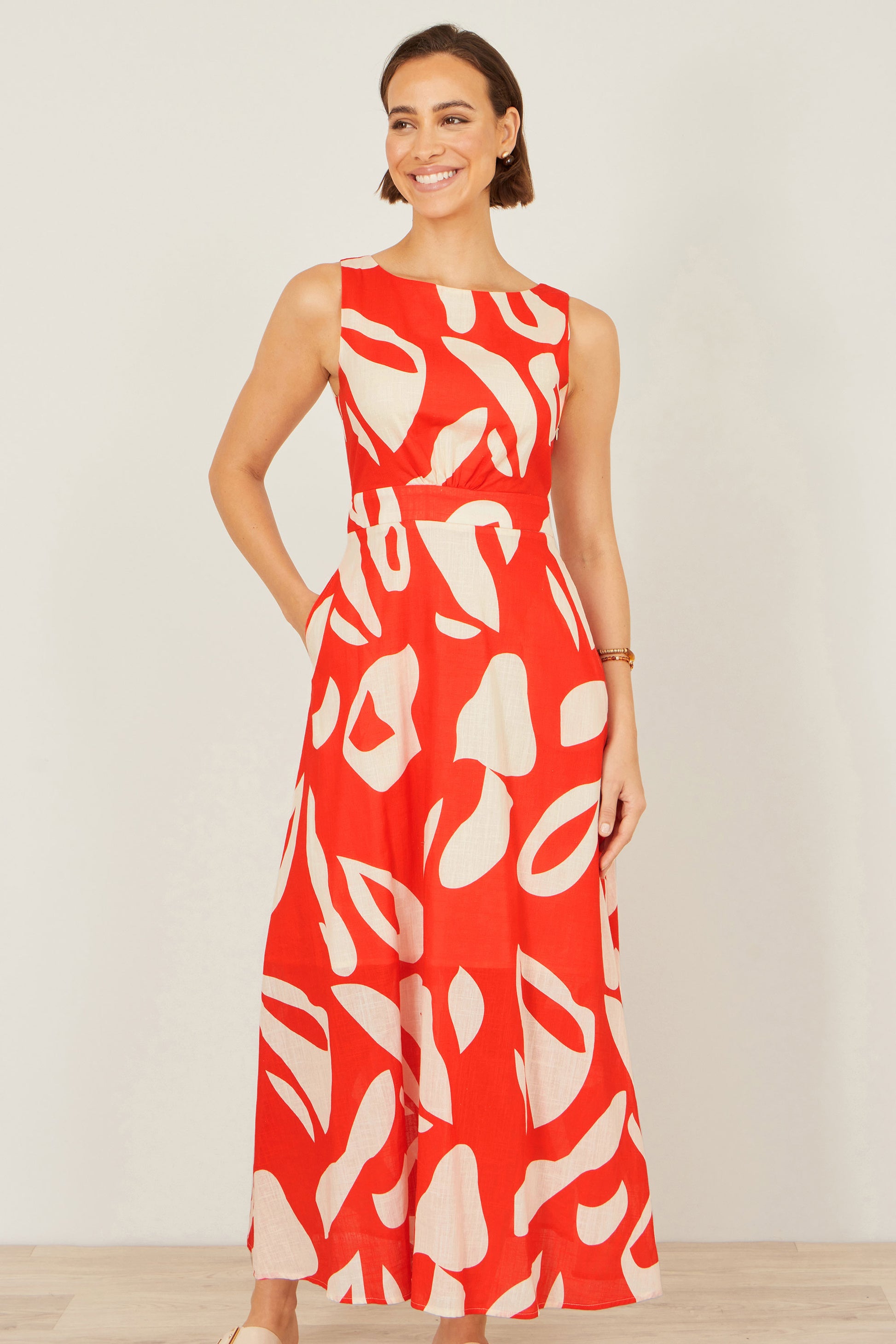 Yumi Orange Abstract Maxi Dress With Tie Back Beachwear Yumi