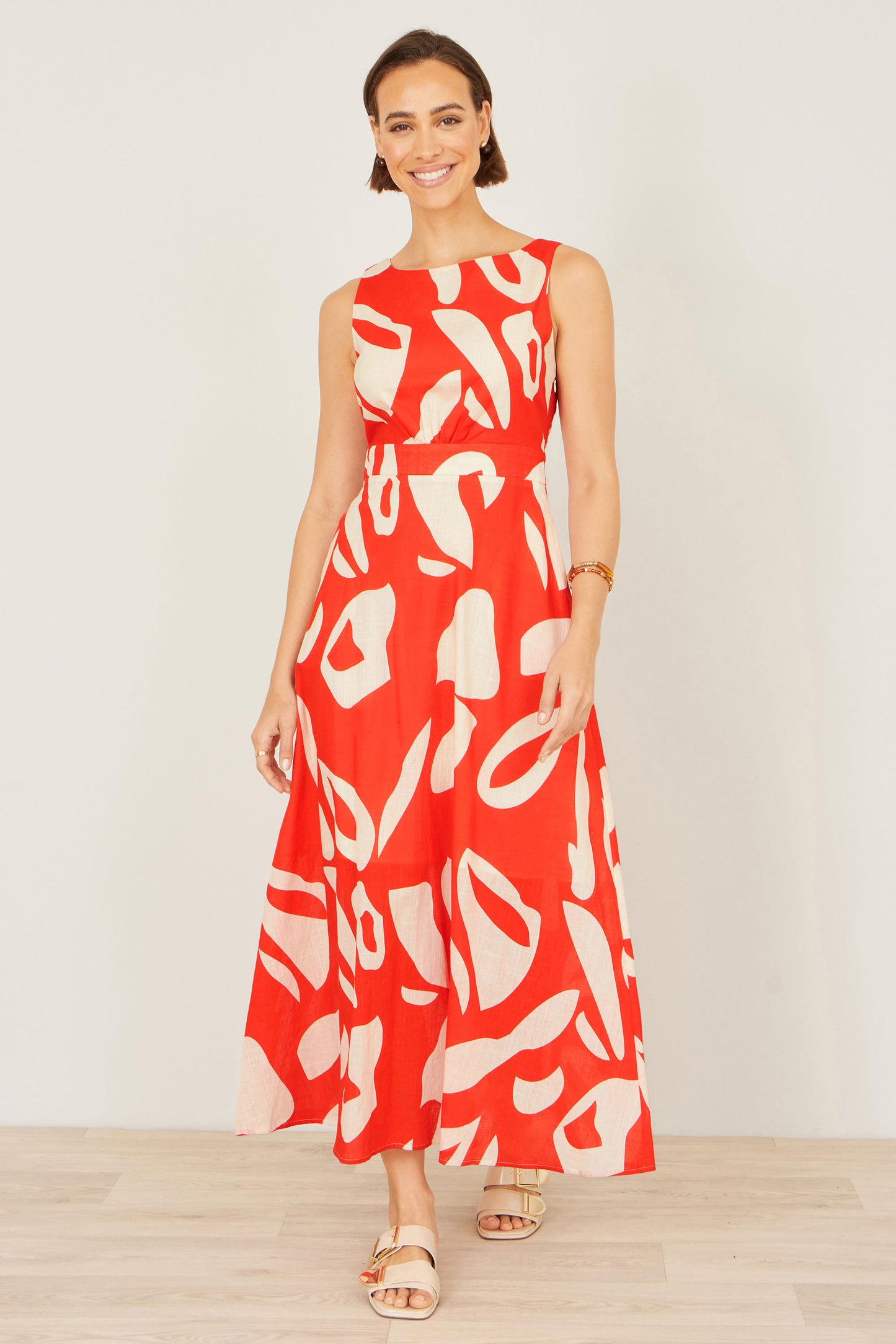 Yumi Orange Abstract Maxi Dress With Tie Back Beachwear Yumi