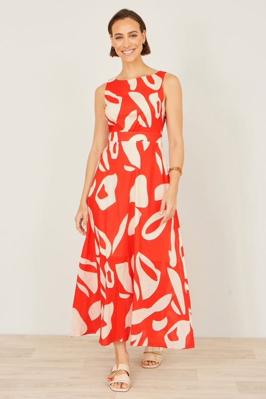 Yumi Orange Abstract Maxi Dress With Tie Back Beachwear Yumi