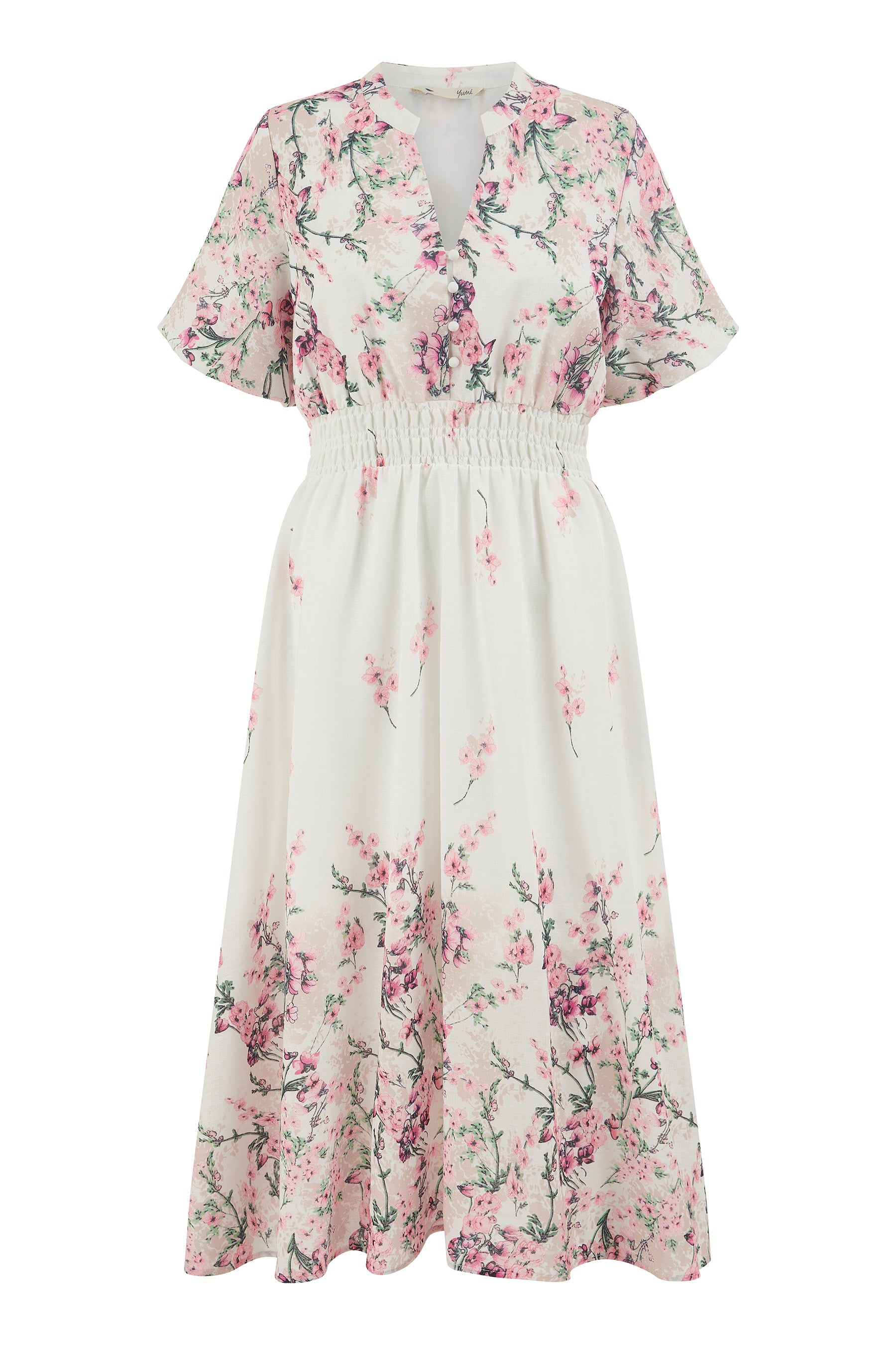 Yumi White Mirrored Floral Button Up Midi Dress With Ruched Waist Occasionwear Yumi