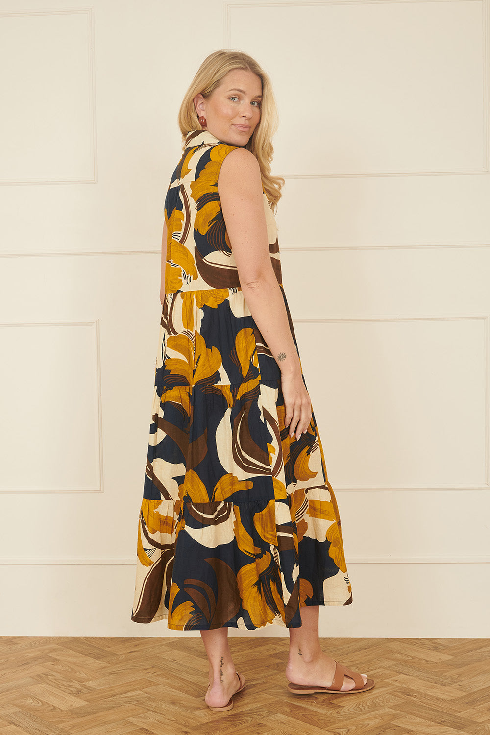 Yumi Navy Cotton Leaf Midi Sleeveless Shirt Dress DRES Day Yumi