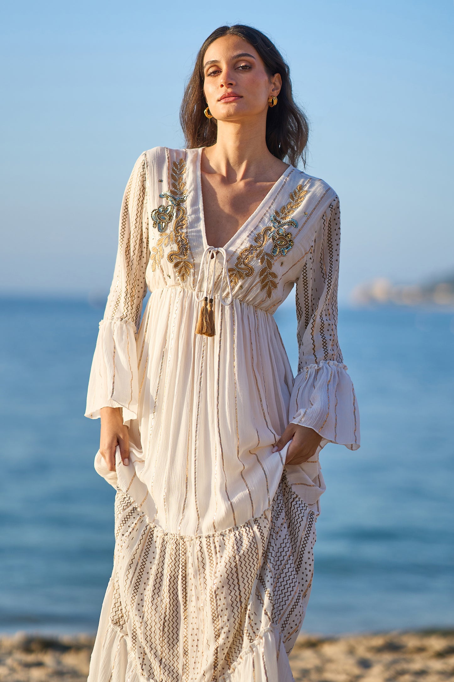 Yumi White Metallic Embellished Maxi Dress With Long Sleeves Beachwear Yumi