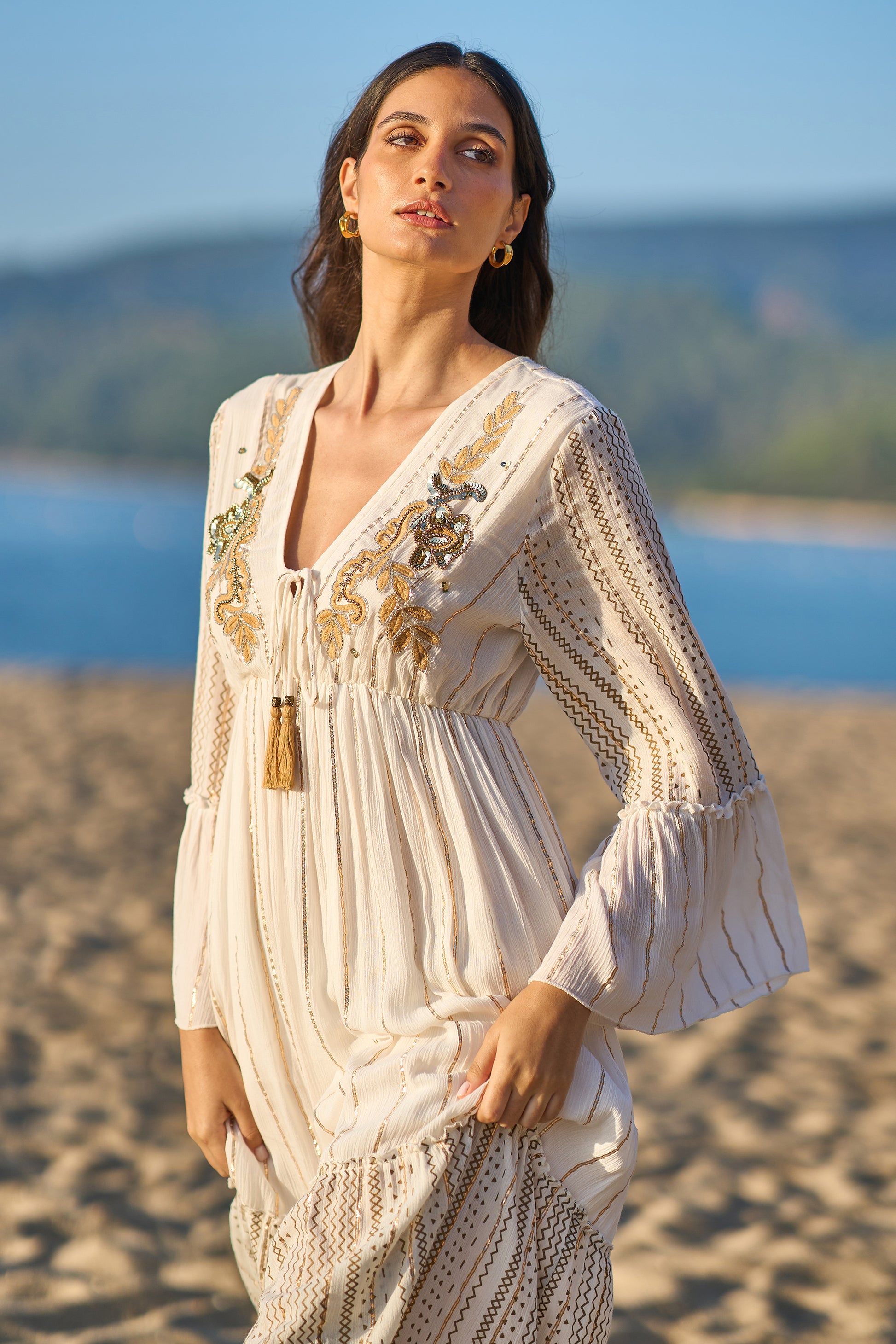 Yumi White Metallic Embellished Maxi Dress With Long Sleeves Beachwear Yumi