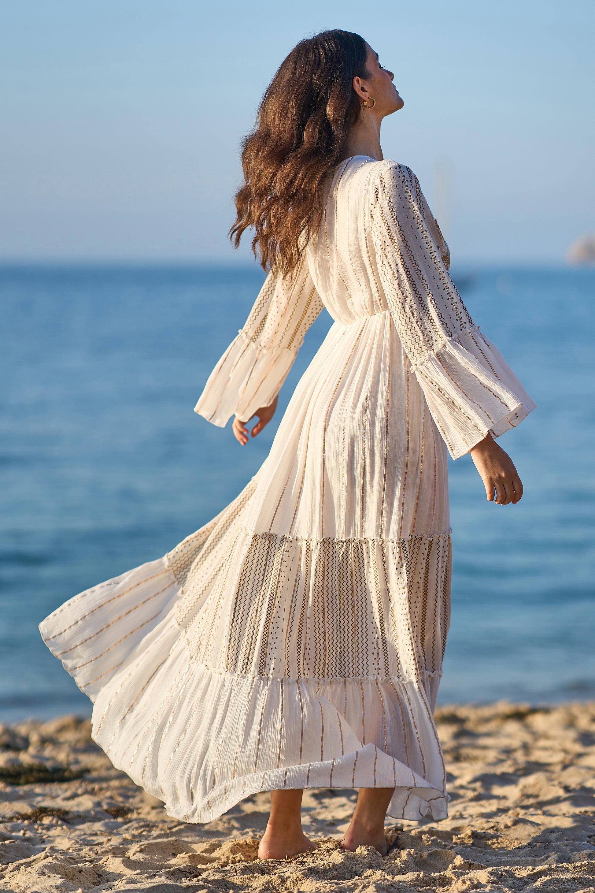 Yumi White Metallic Embellished Maxi Dress With Long Sleeves Beachwear Yumi