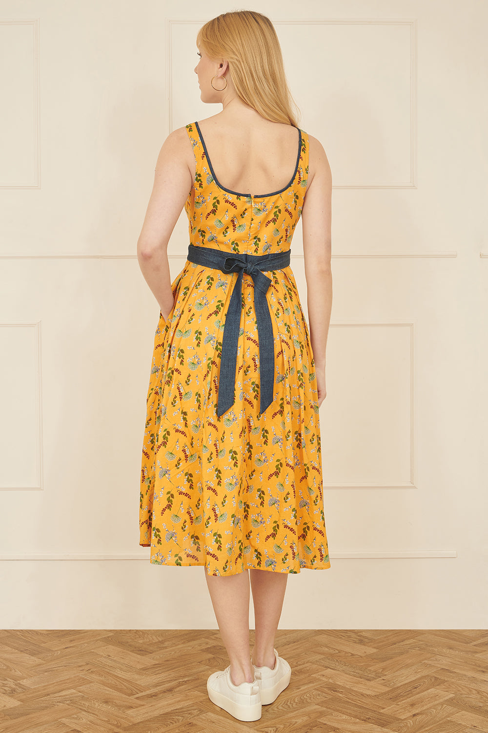 Yumi Mustard Floral Skater Dress With Denim Trims DRES Day Yumi