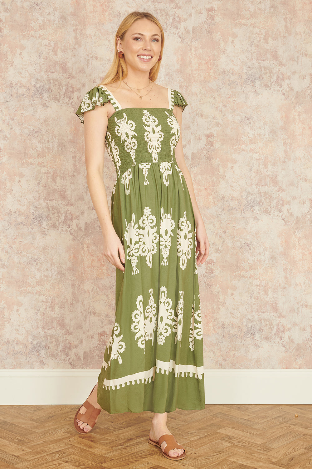 Yumi Green Block Print Ruched Maxi Dress Beachwear Yumi