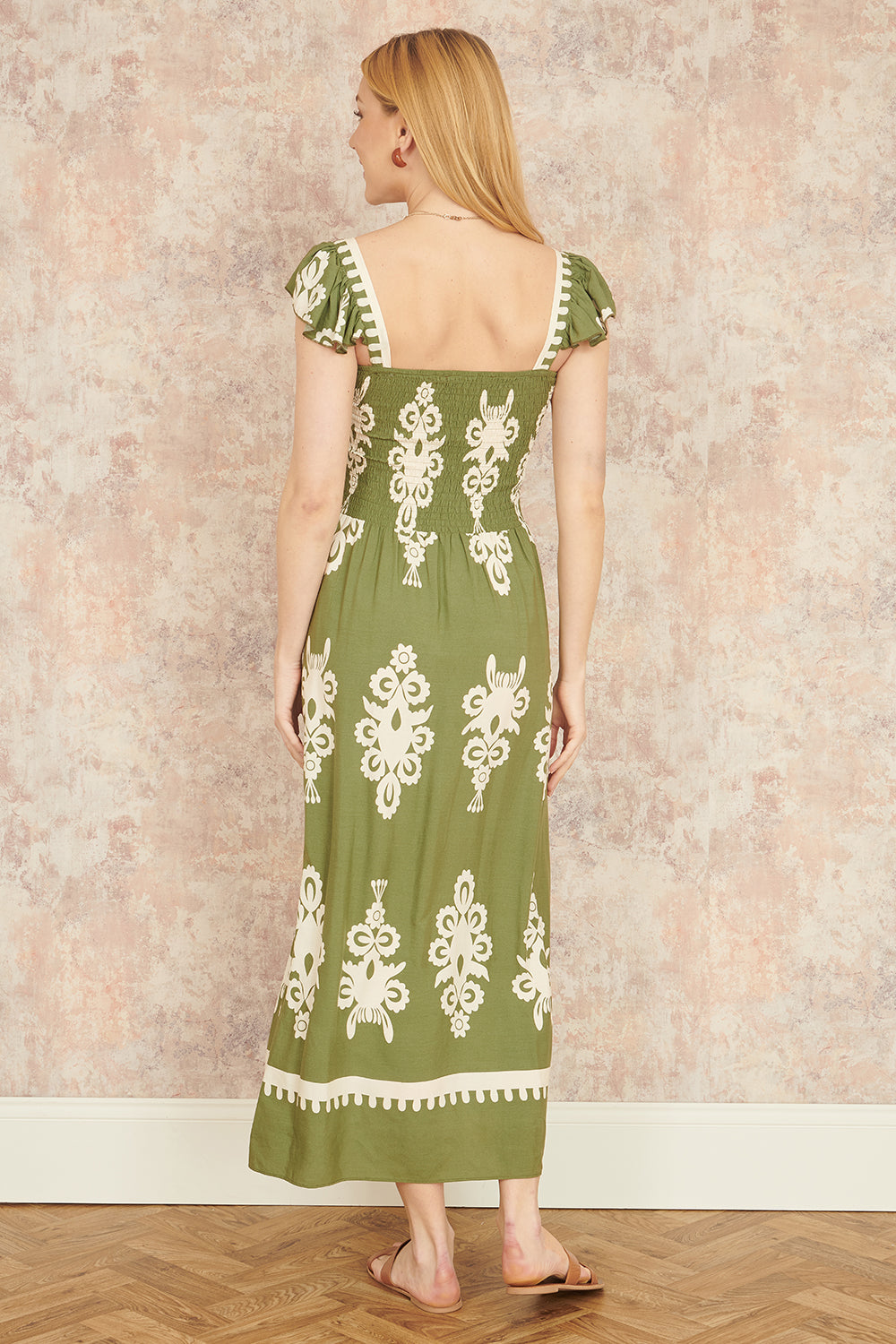 Yumi Green Block Print Ruched Maxi Dress Beachwear Yumi