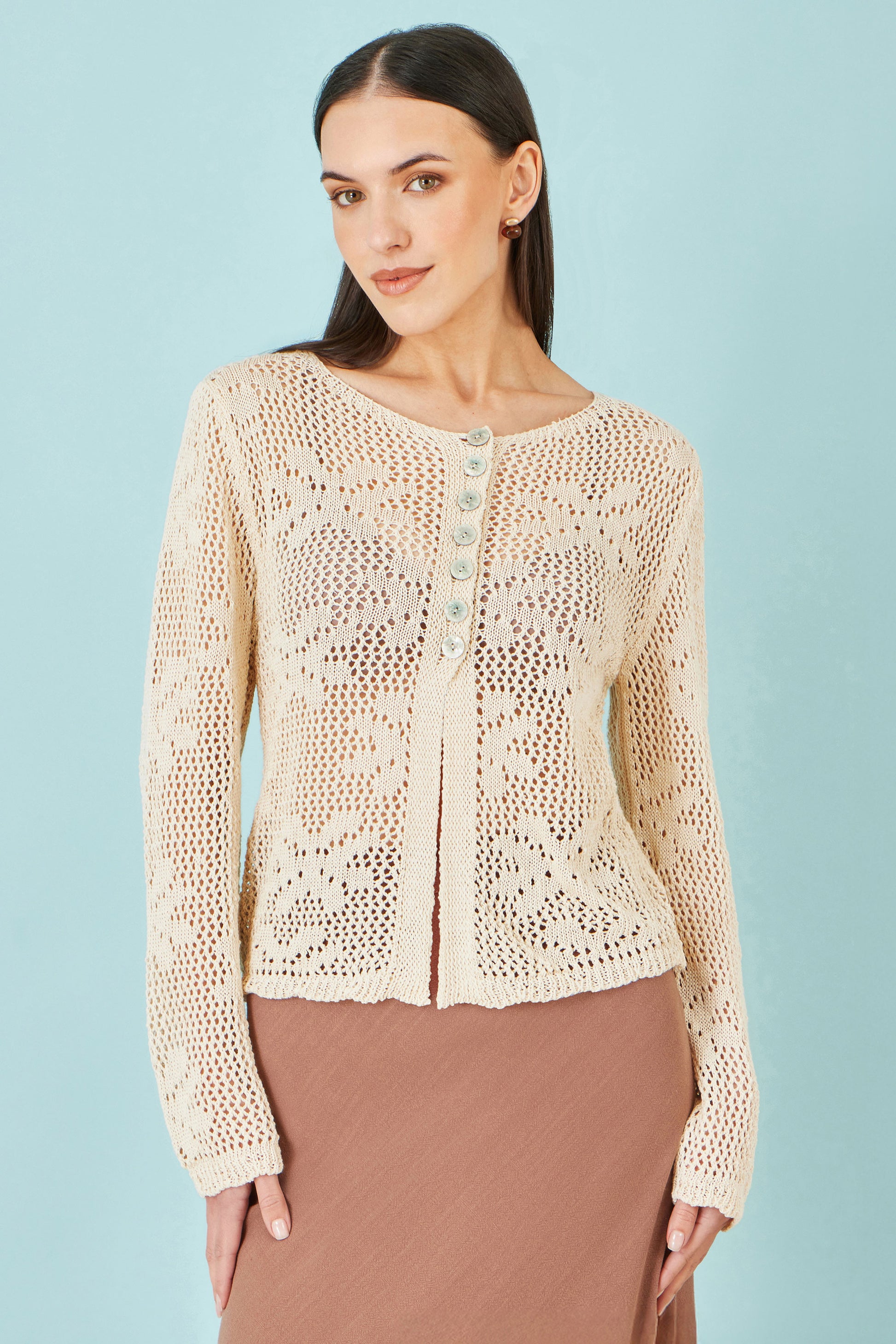 Yumi Beige Flower Crochet Button Up Cardigan Knit Cardigan Yumi