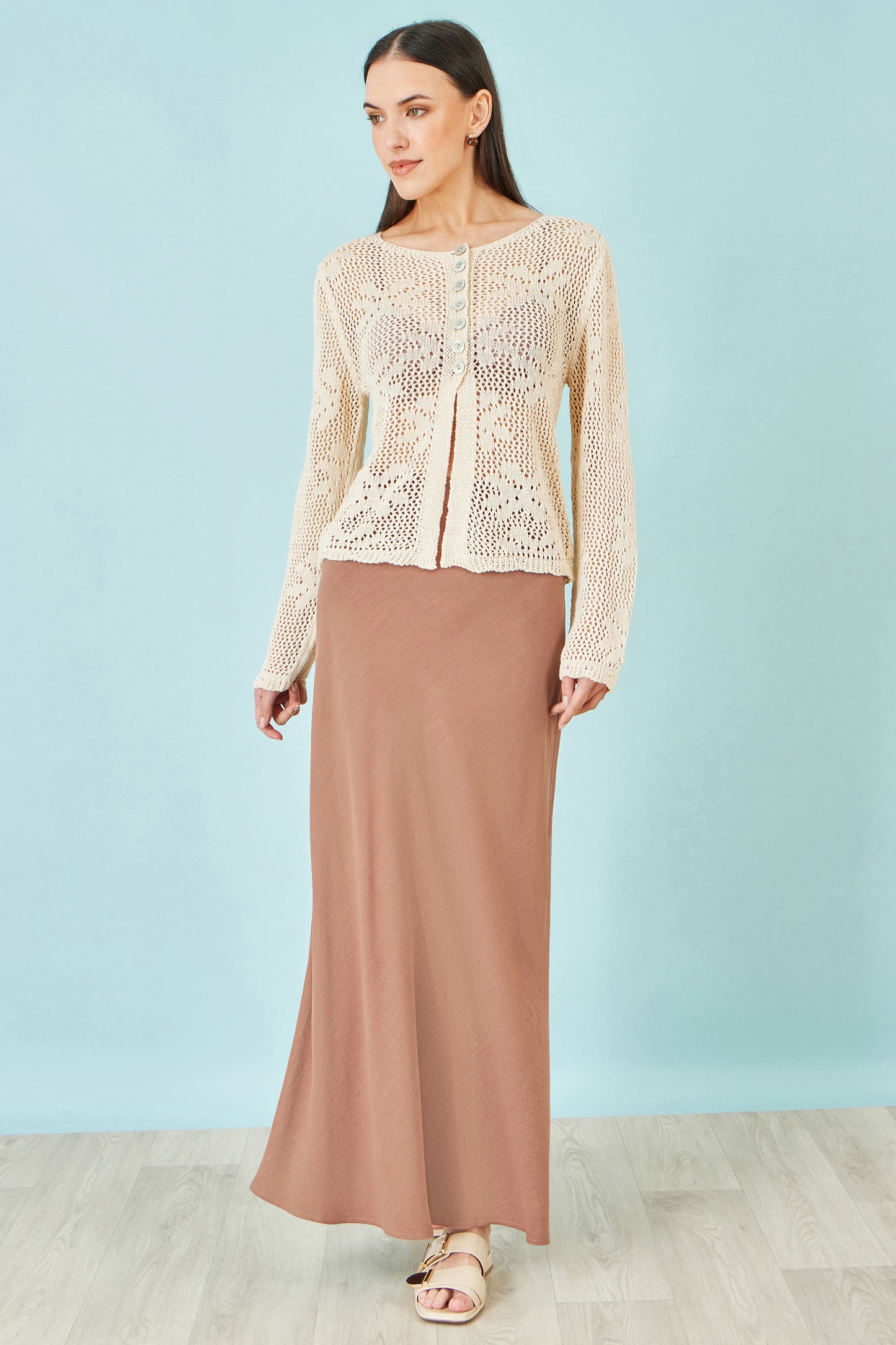 Yumi Beige Flower Crochet Button Up Cardigan Knit Cardigan Yumi