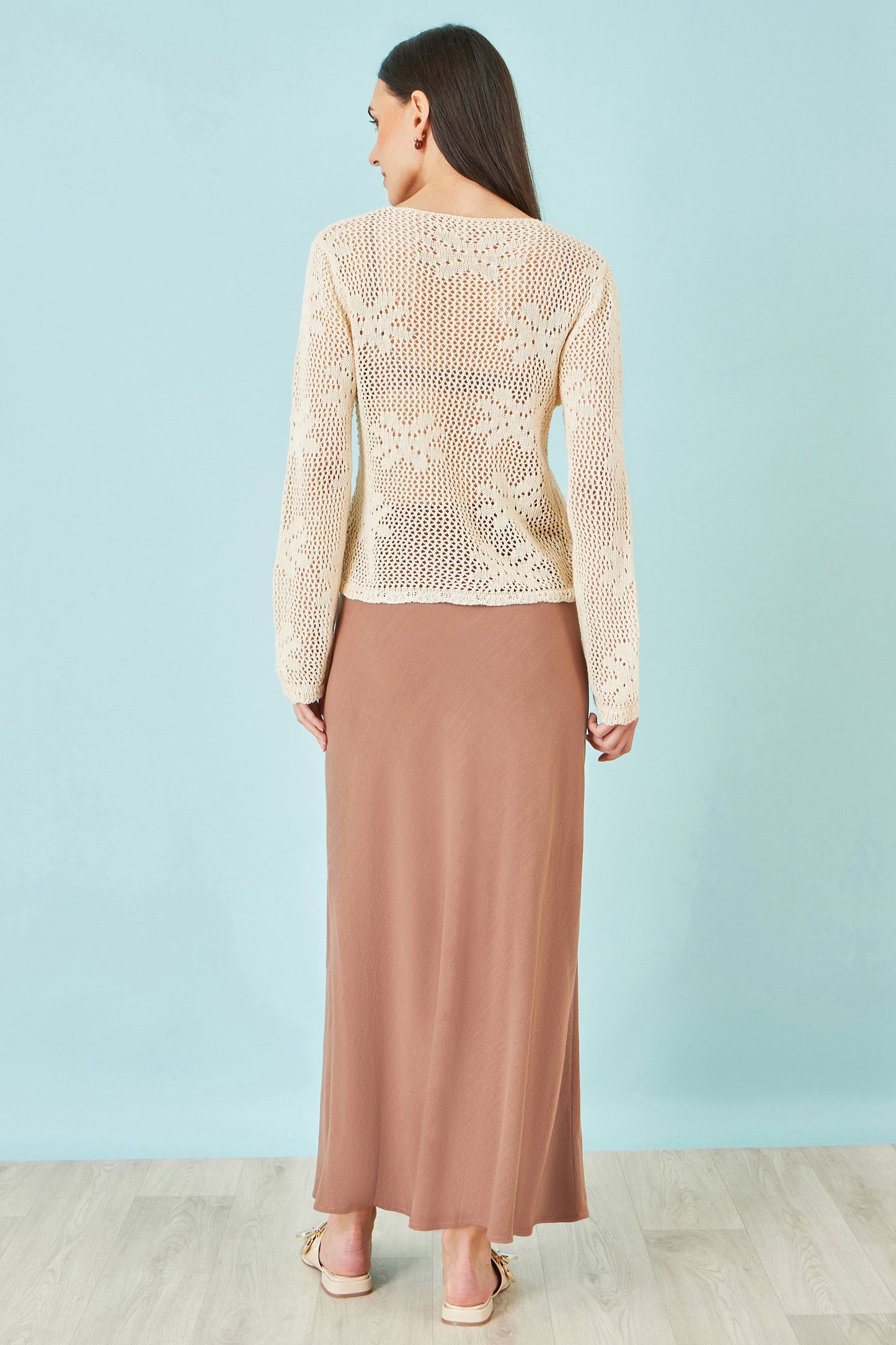 Yumi Beige Flower Crochet Button Up Cardigan Knit Cardigan Yumi