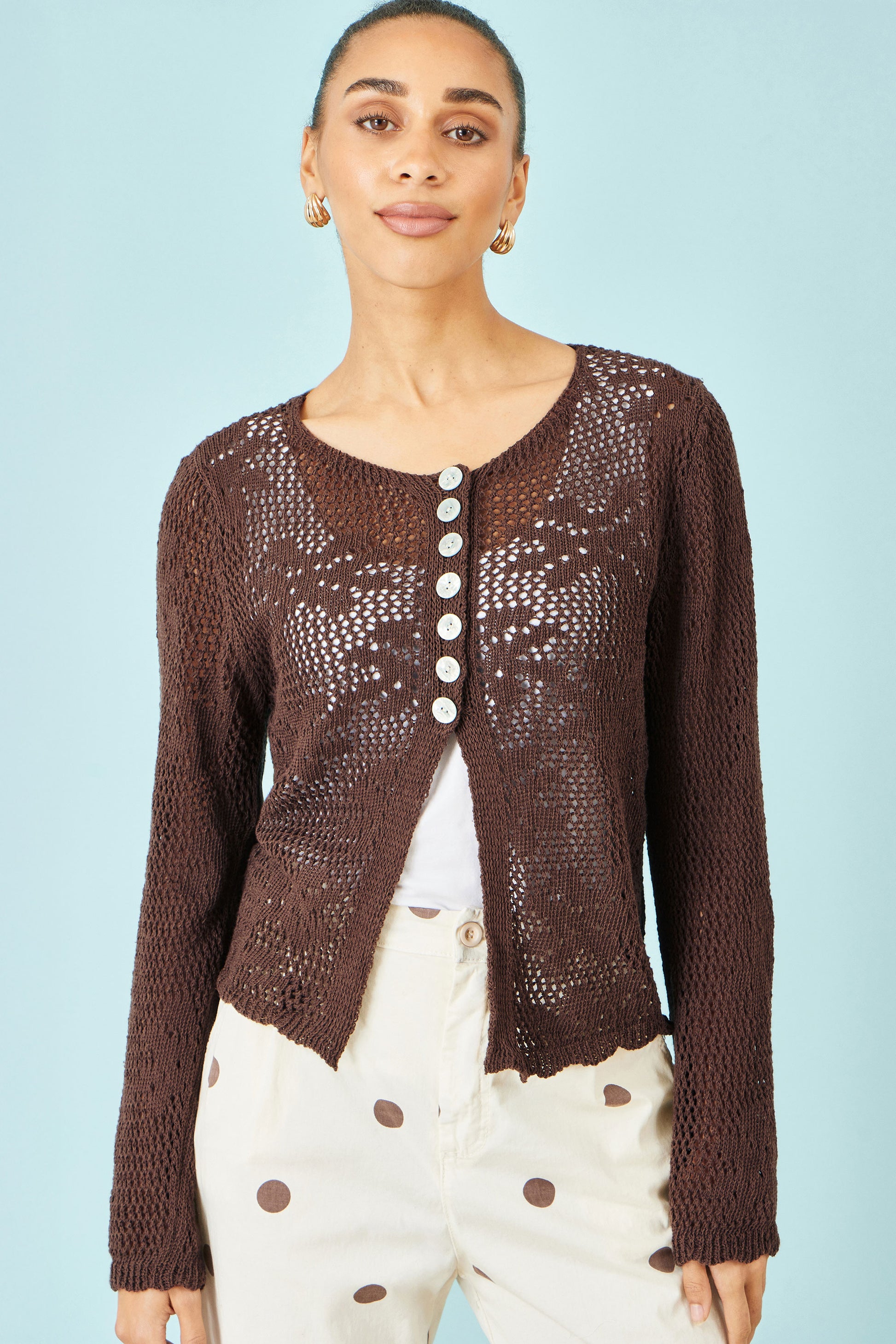 Yumi Brown Flower Crochet Button Up Cardigan Knit Cardigan Yumi