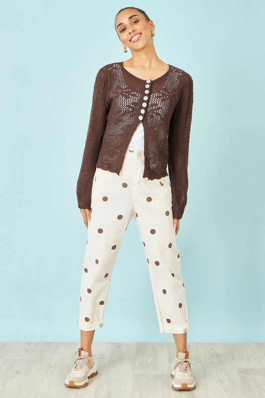 Yumi Brown Flower Crochet Button Up Cardigan Knit Cardigan Yumi