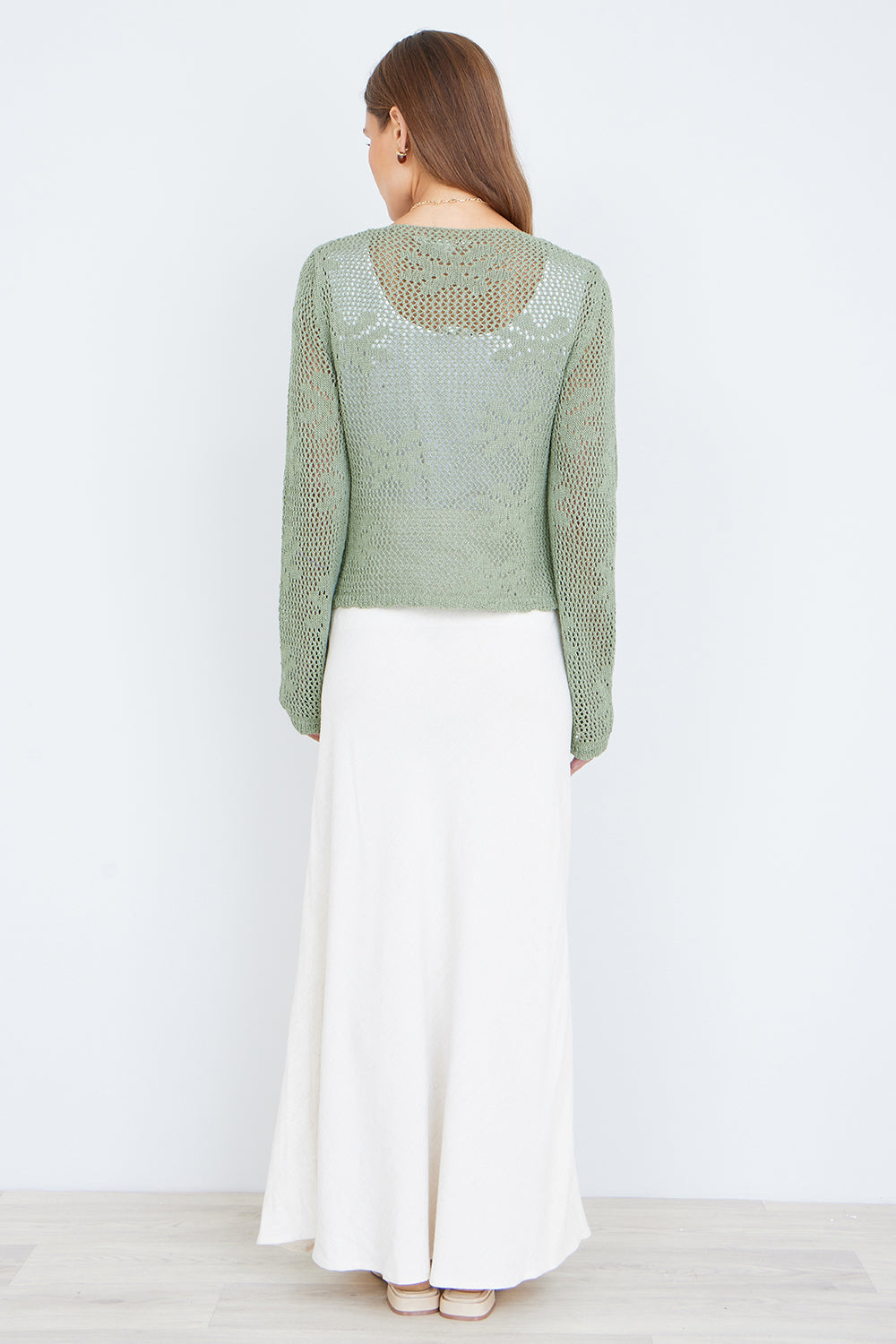 Yumi Green Flower Crochet Button Up Cardigan KNIT Cardi Yumi