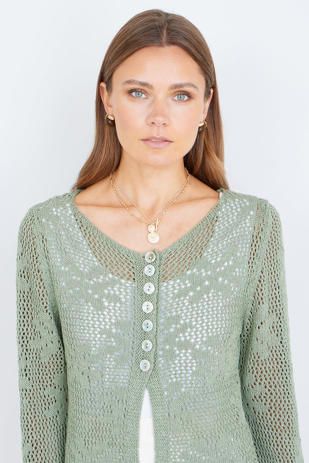 Yumi Green Flower Crochet Button Up Cardigan KNIT Cardi Yumi