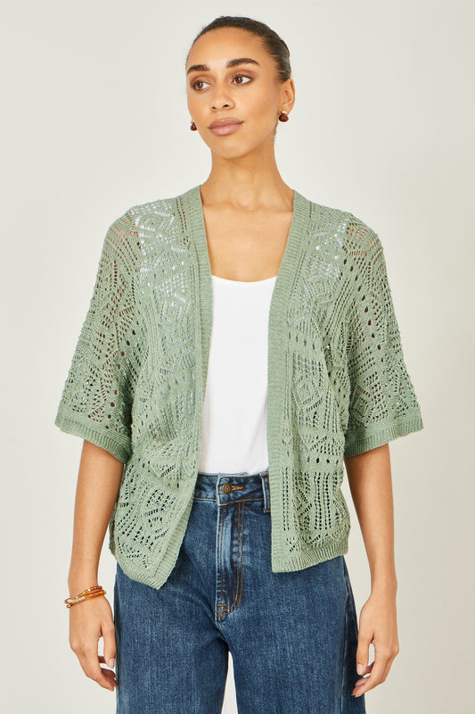 Yumi Green Crochet Edge To Edge 3/4 Sleeve Cardigan Knit Top Yumi