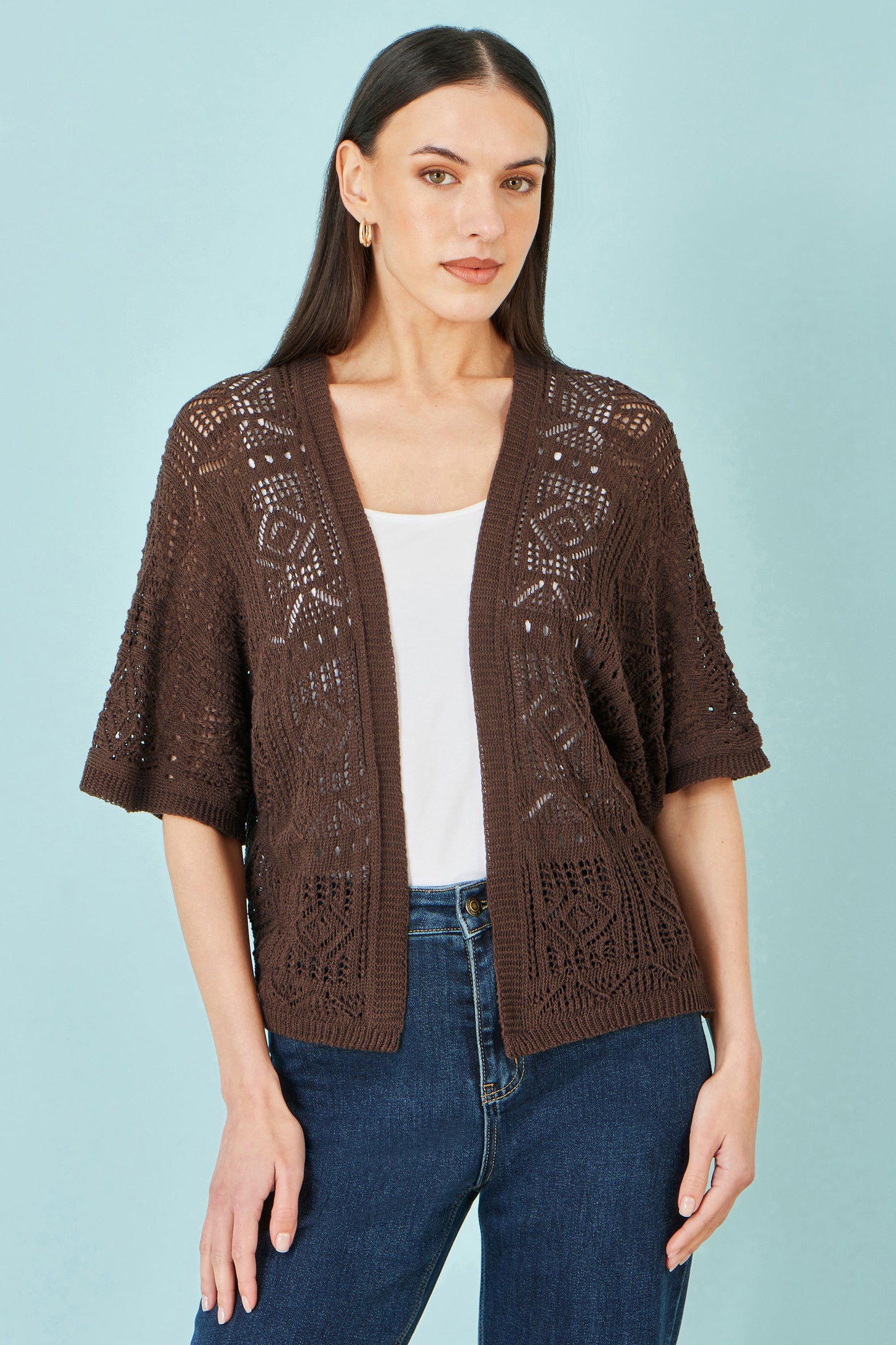 Yumi Brown Crochet Edge To Edge 3/4 Sleeve Cardigan Knit Top Yumi