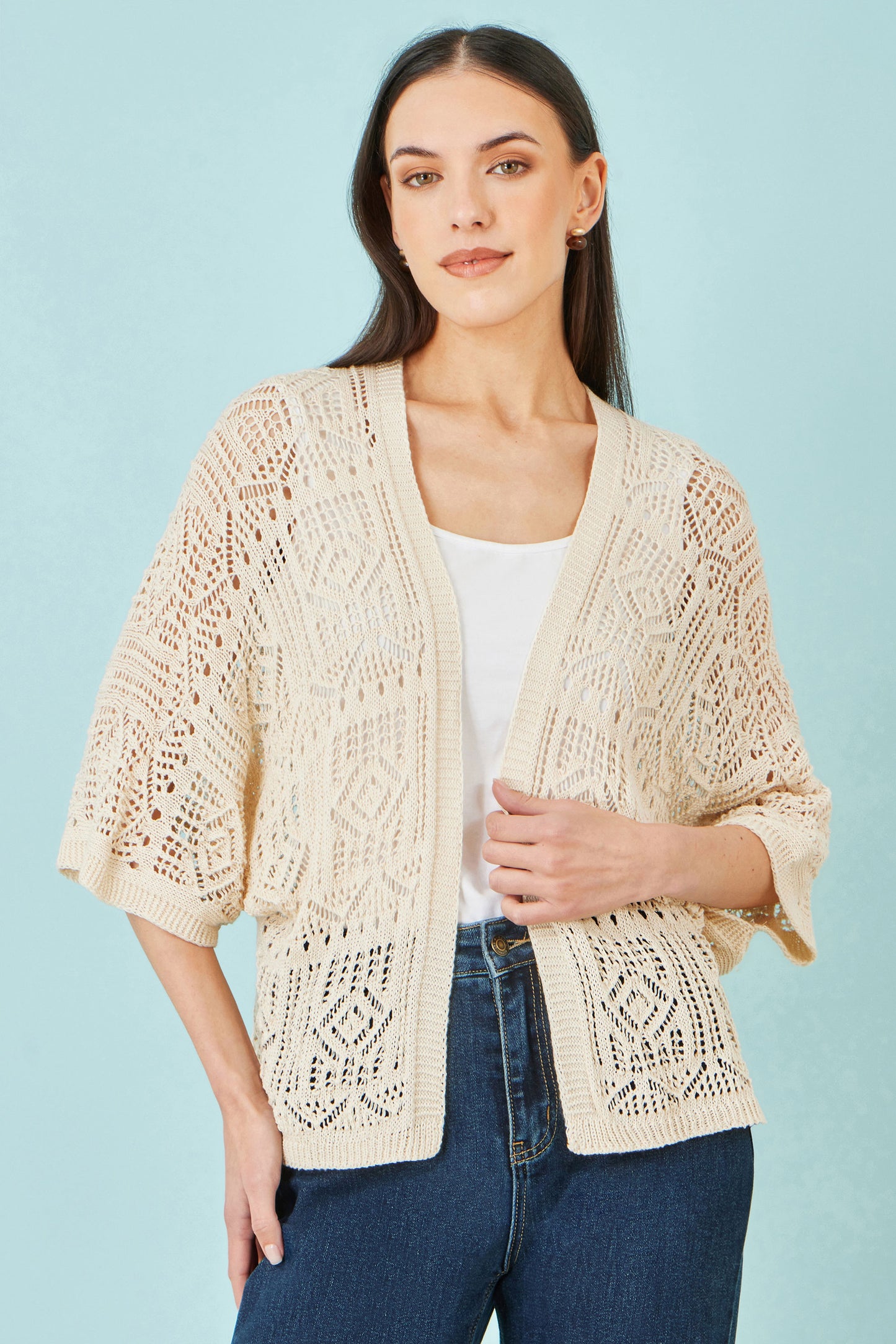Yumi Ivory Crochet Edge To Edge 3/4 Sleeve Cardigan Knit Top Yumi