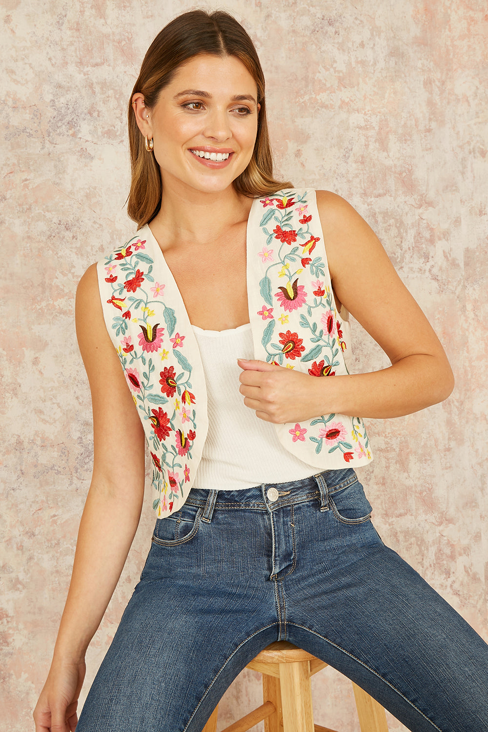 Yumi White Folk Embroidered Cotton Waist Coat WAISTCOAT Yumi