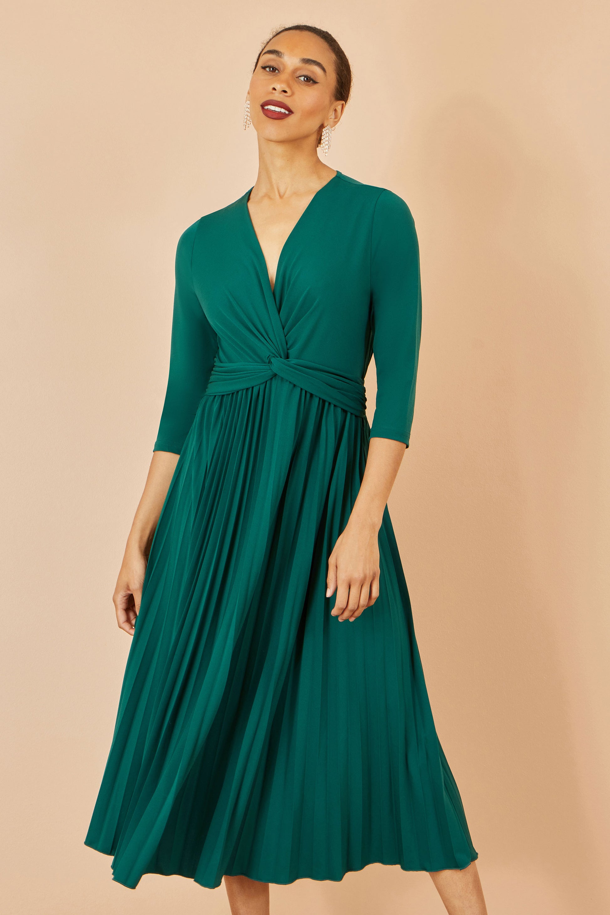 Yumi Green Jersey Knot Waist Pleated Midi Dress Dress Occasion Yumi