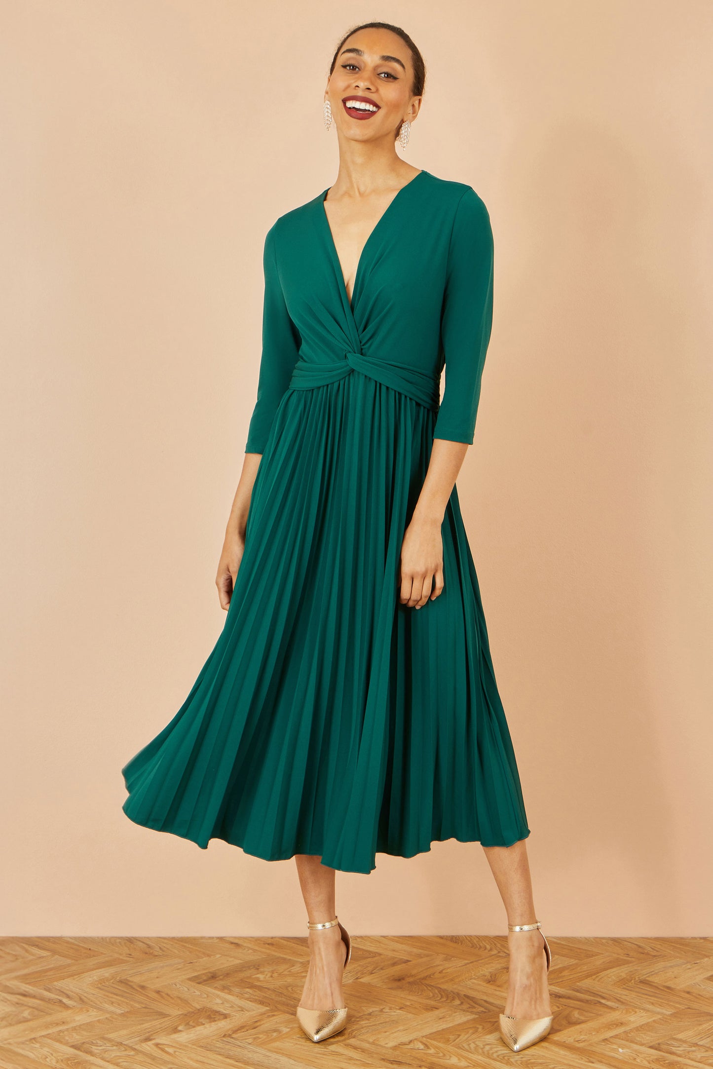 Yumi Green Jersey Knot Waist Pleated Midi Dress Dress Occasion Yumi