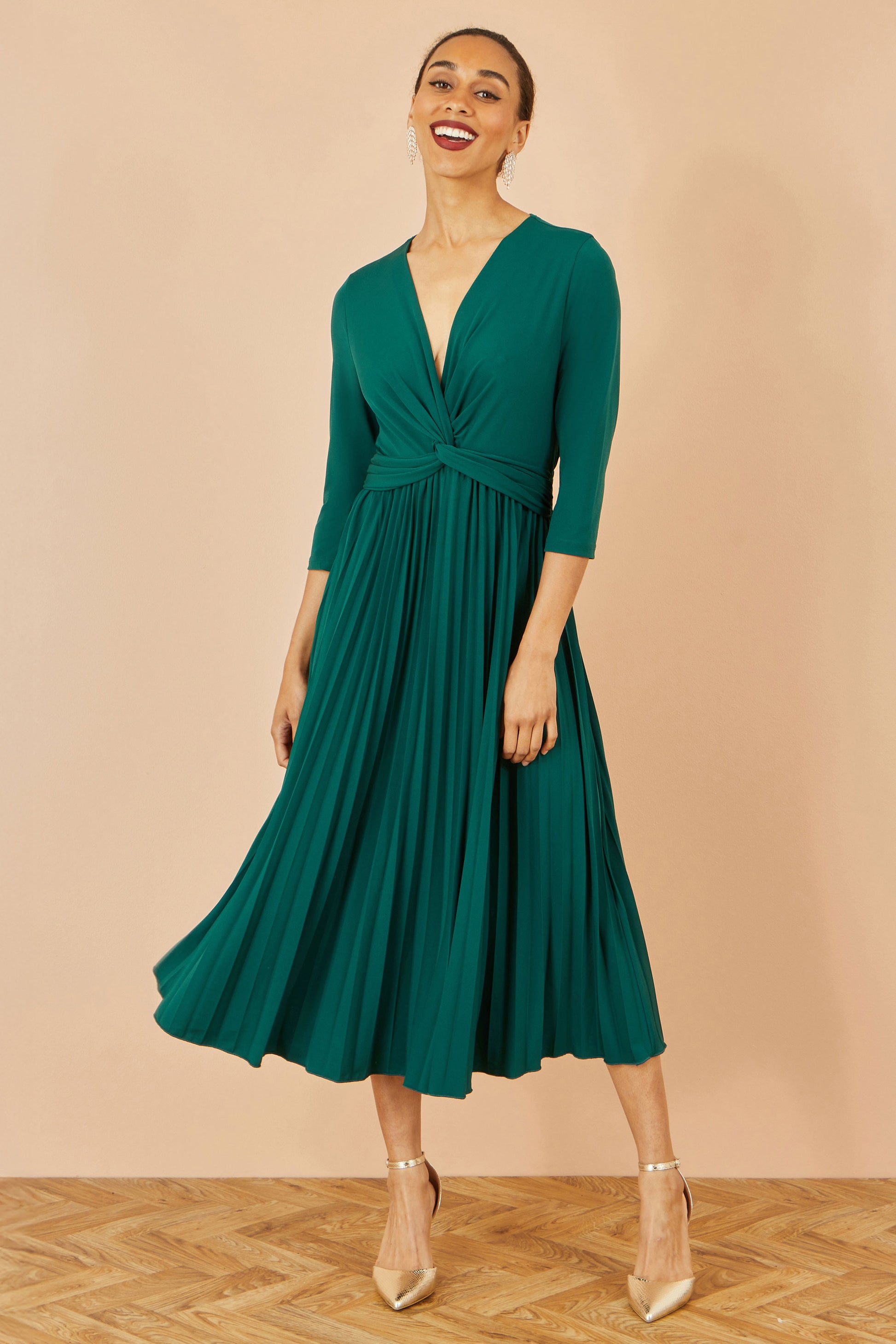 Yumi Green Jersey Knot Waist Pleated Midi Dress Dress Occasion Yumi