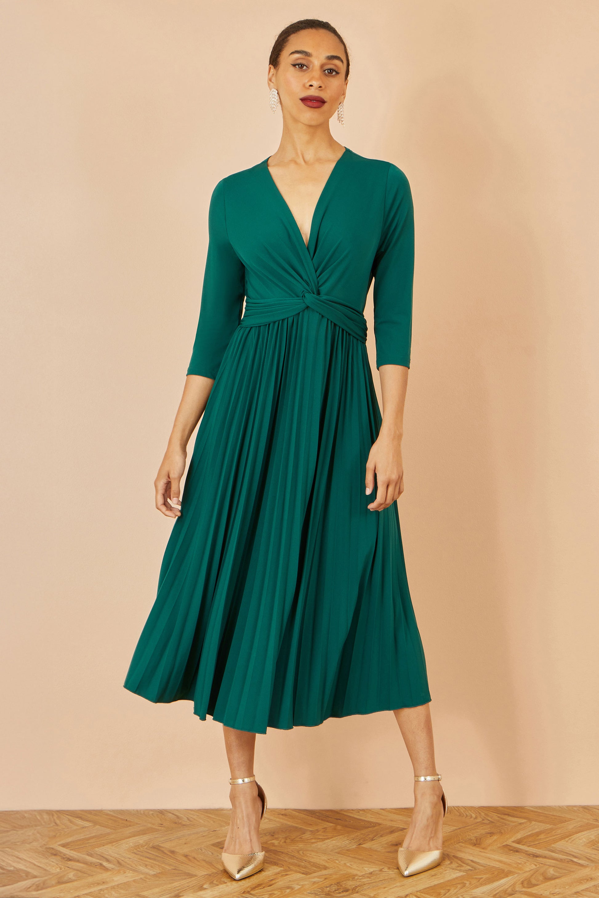 Yumi Green Jersey Knot Waist Pleated Midi Dress Dress Occasion Yumi