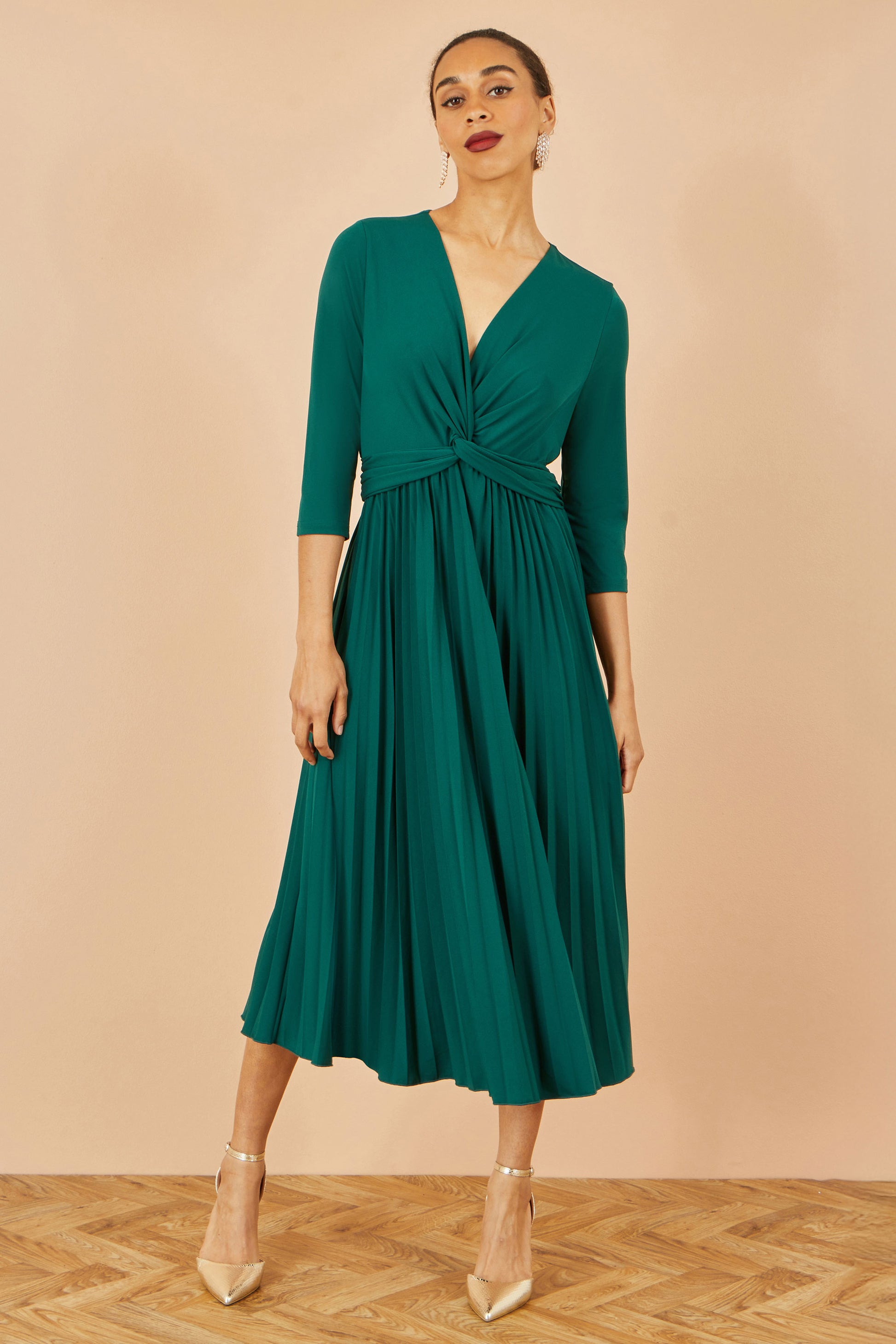 Yumi Green Jersey Knot Waist Pleated Midi Dress Dress Occasion Yumi